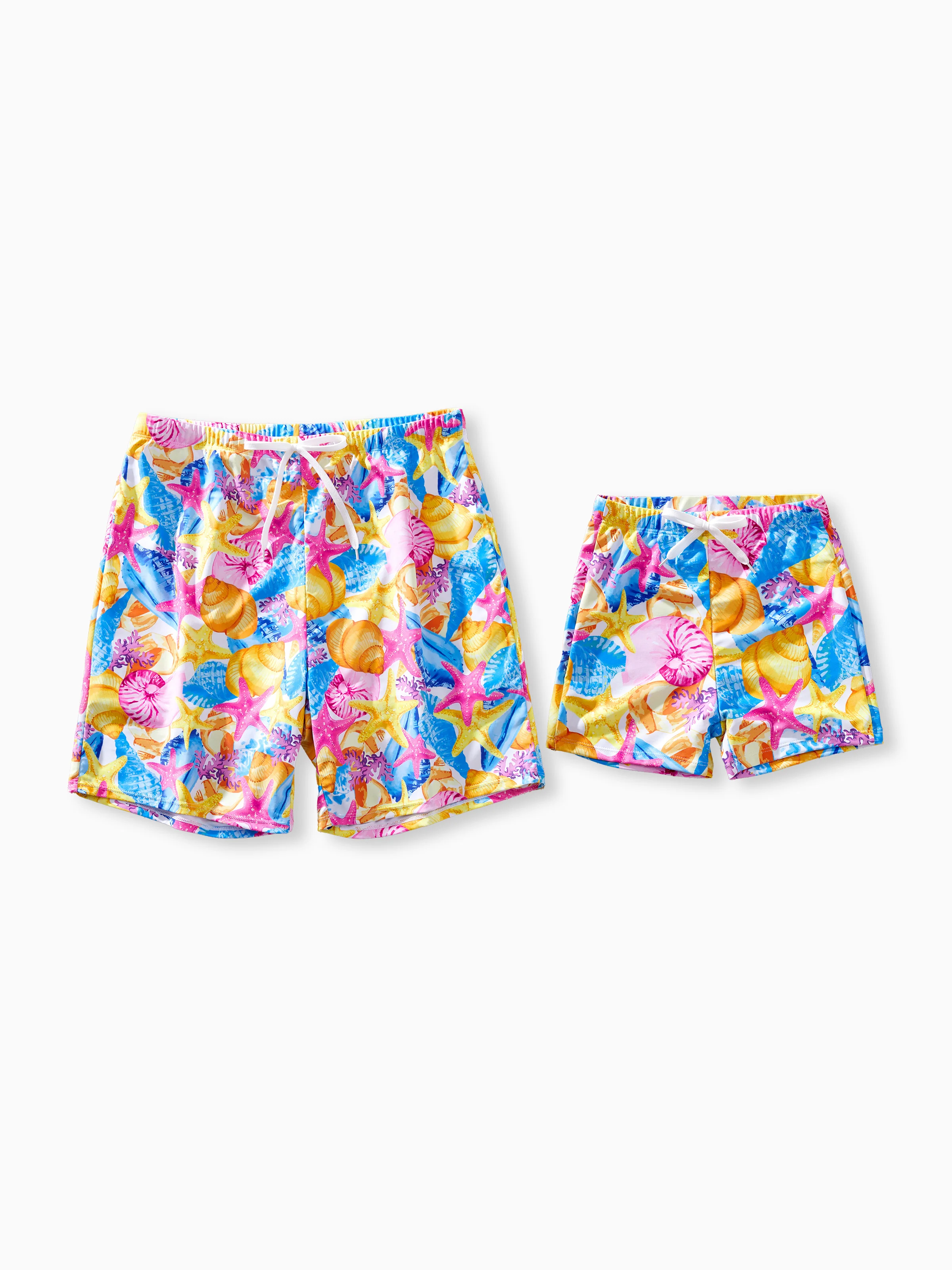 Daddy & Son Seashell & Starfish Print Swimsuits Ruched One-Piece & Swim Trunks Set Multi-color