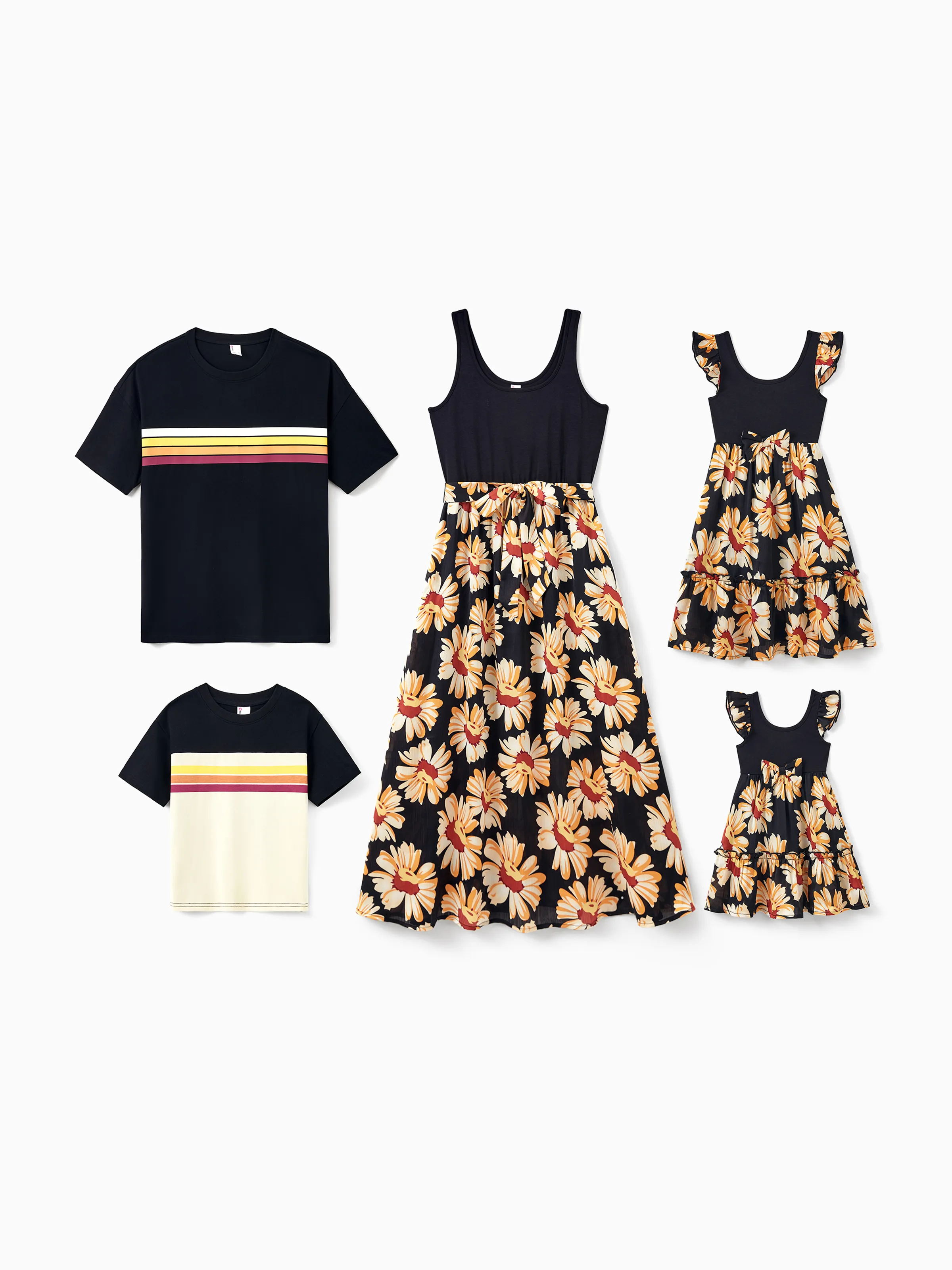 Daddy & Son Set Floral Sleeveless Strappy Dress or Colorblock Short-sleeve T-shirt Black - Image 3