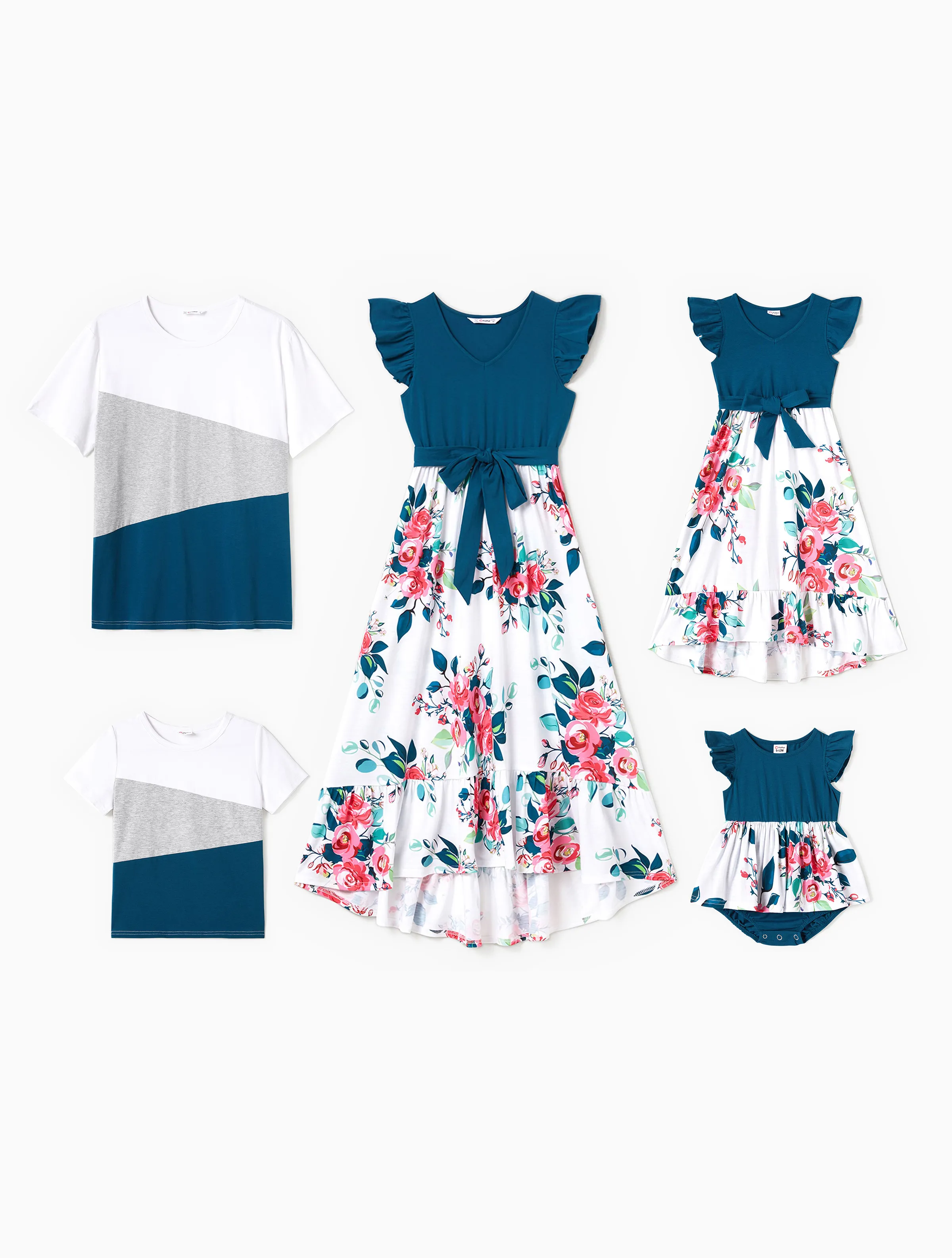 Daddy & Son Short-sleeve Colorblock T-shirts Sets Azure- - Image 3