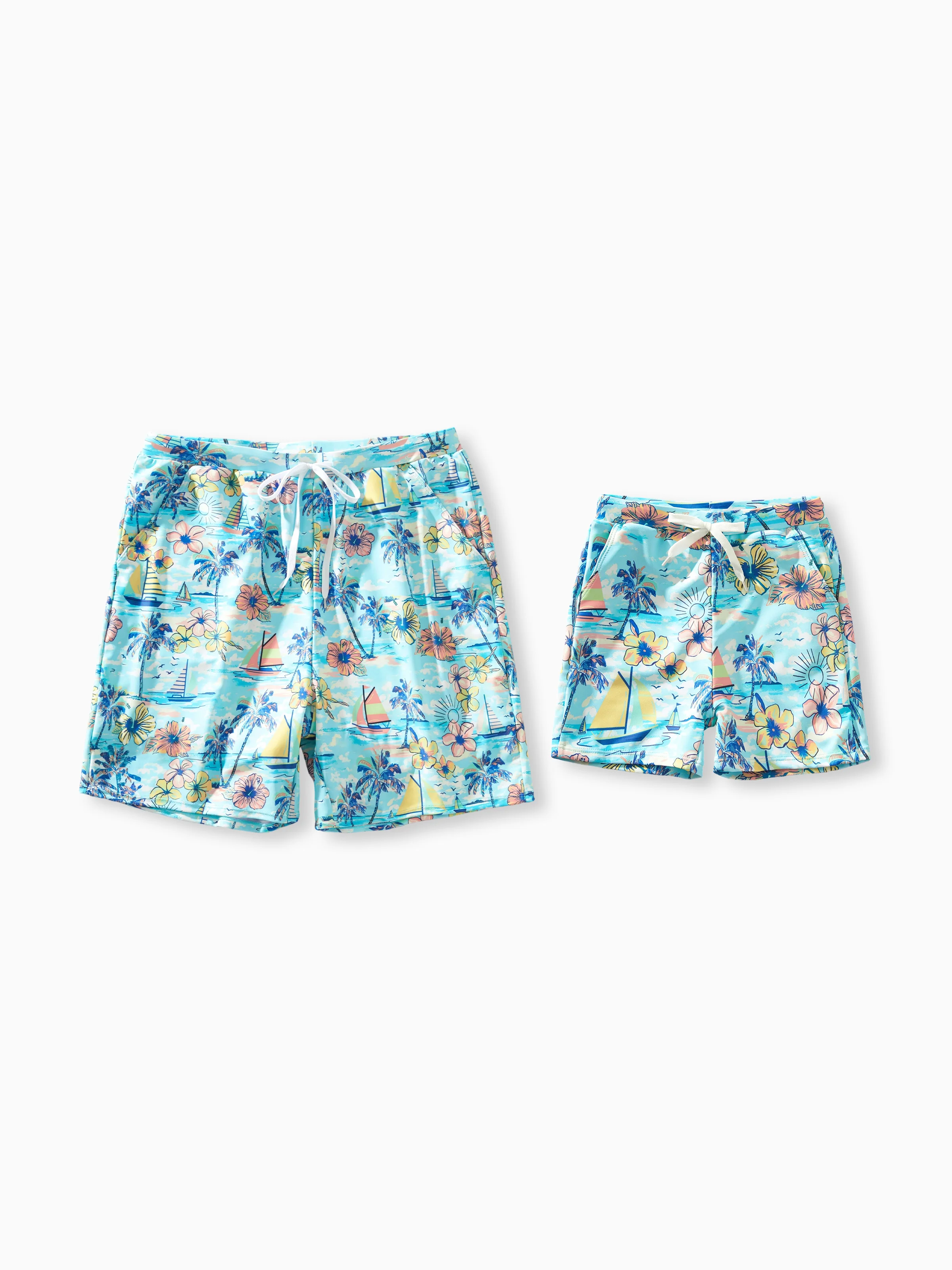 Daddy & Son Swimwear Tropical Print,Daddy & Son Swim Trunks Set for Summer Beach Vacation Light Blue