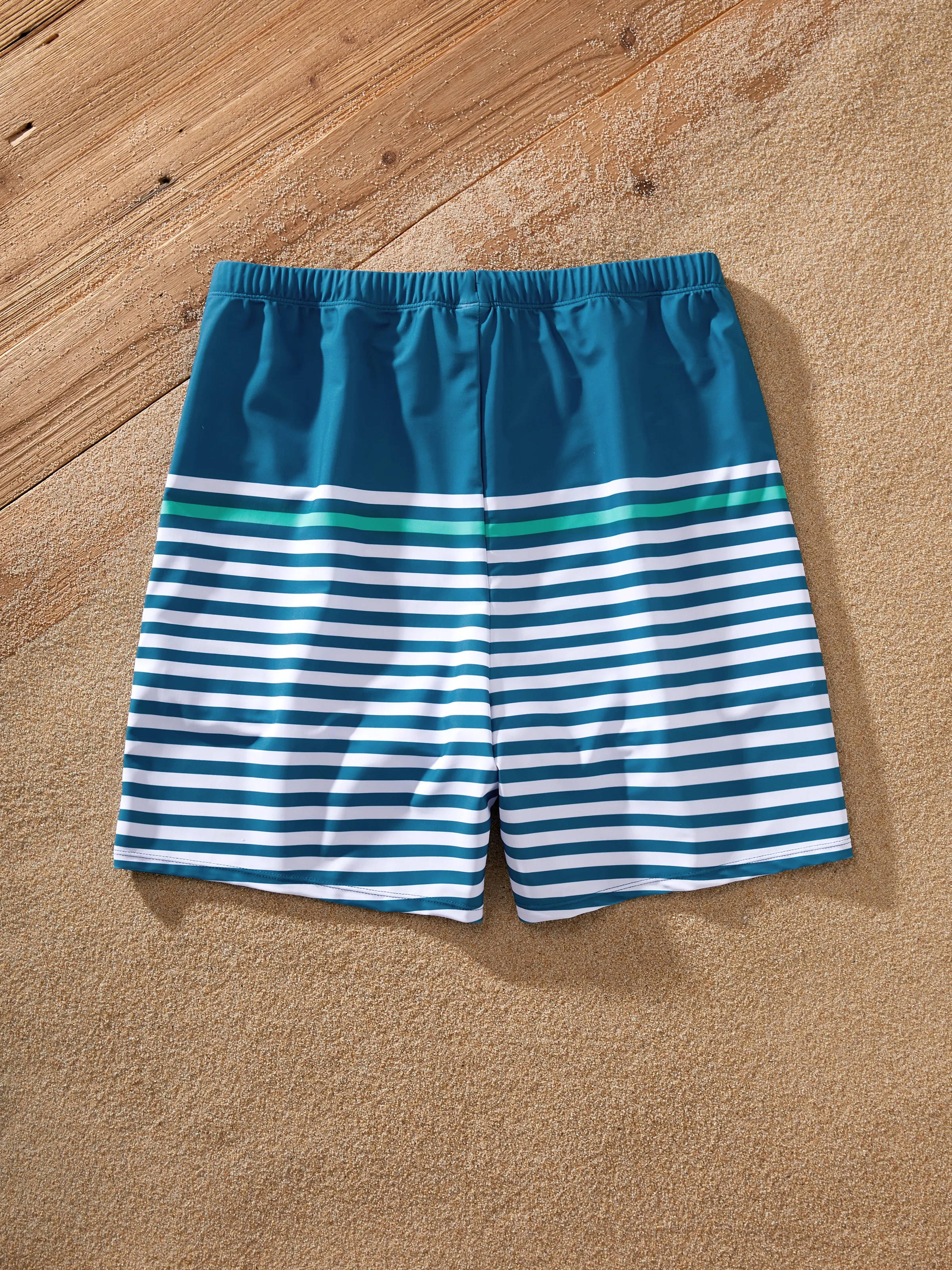 Daddy & Son Teal Striped Swimsuits Ruched Bikini & Swim Trunks Set Multi-color - Image 4