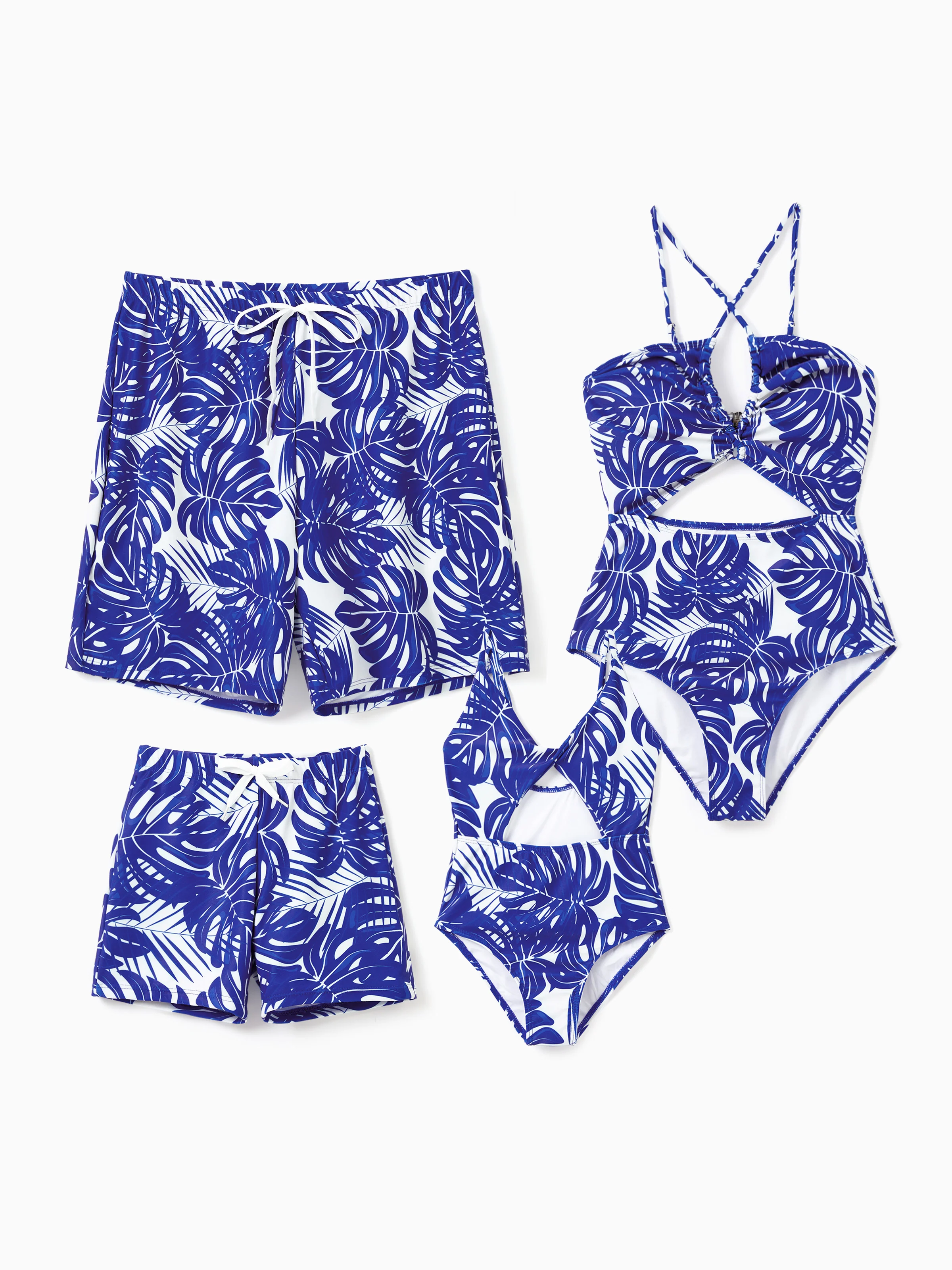 Daddy & Daughter Tropical Leaf Print Swim Trunks or Hollow-out Crisscross Straps One-piece Swimsuit Blue - Image 2