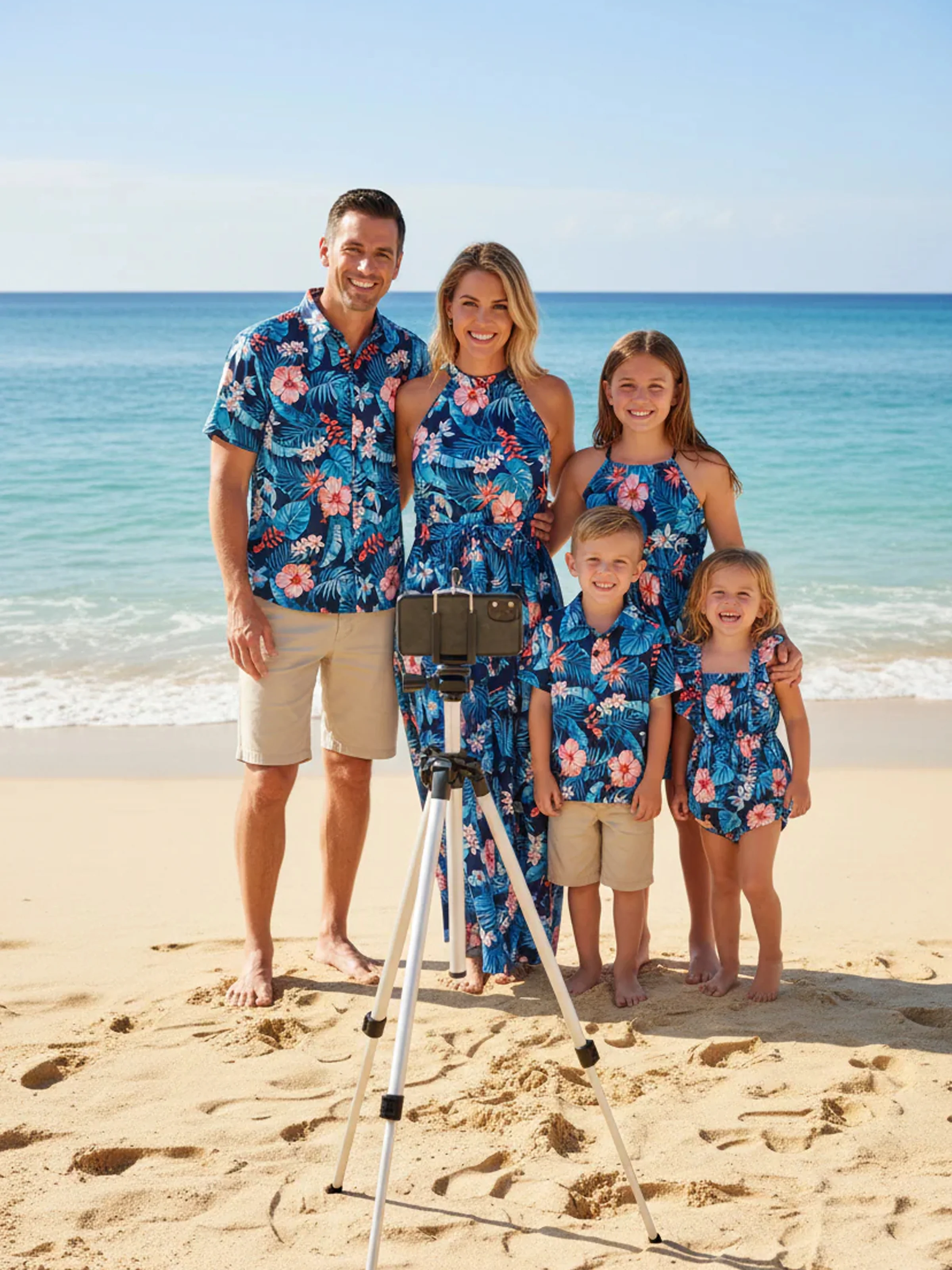 Daddy & Daughter Vacation Set Tropical Floral Print Shirt or Halter Dresses for Dad, Mom, Kids & Baby, Perfect for Summer Holidays & Family Photos Deep Blue - Image 2