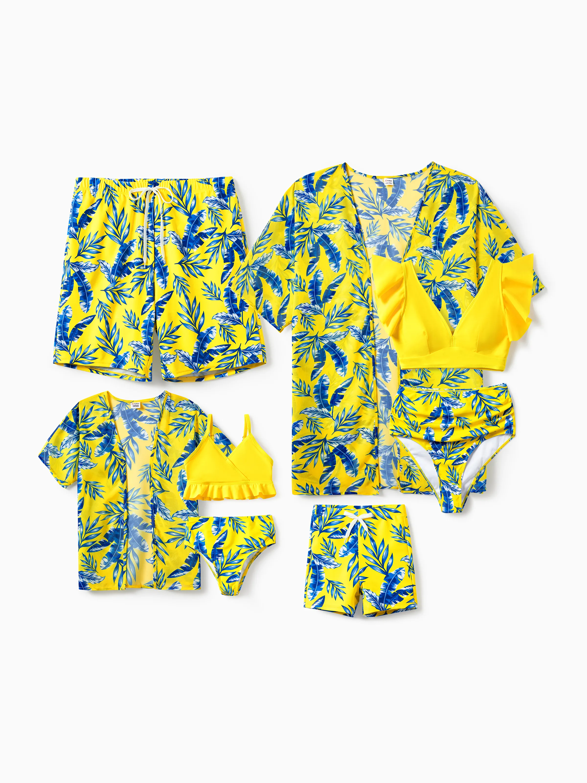 Daddy & Son Yellow Leaf Print Swim Trunks with Optional Swim Cover Up Yellow - Image 2