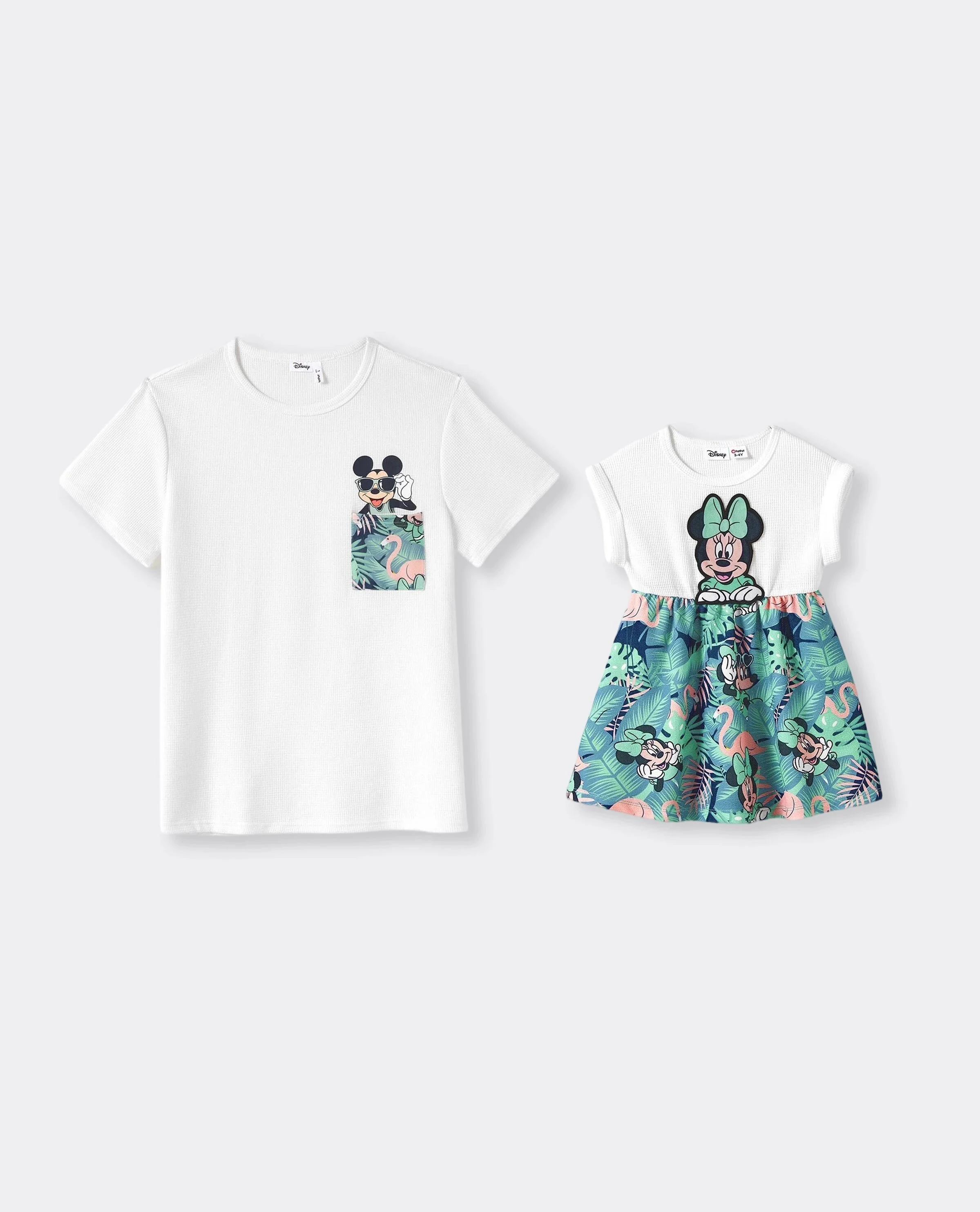 Disney Mickey and Friends Daddy & Daughter Tropical Botanical Print Waffle Fabric T-shirt/Dress greenwhite