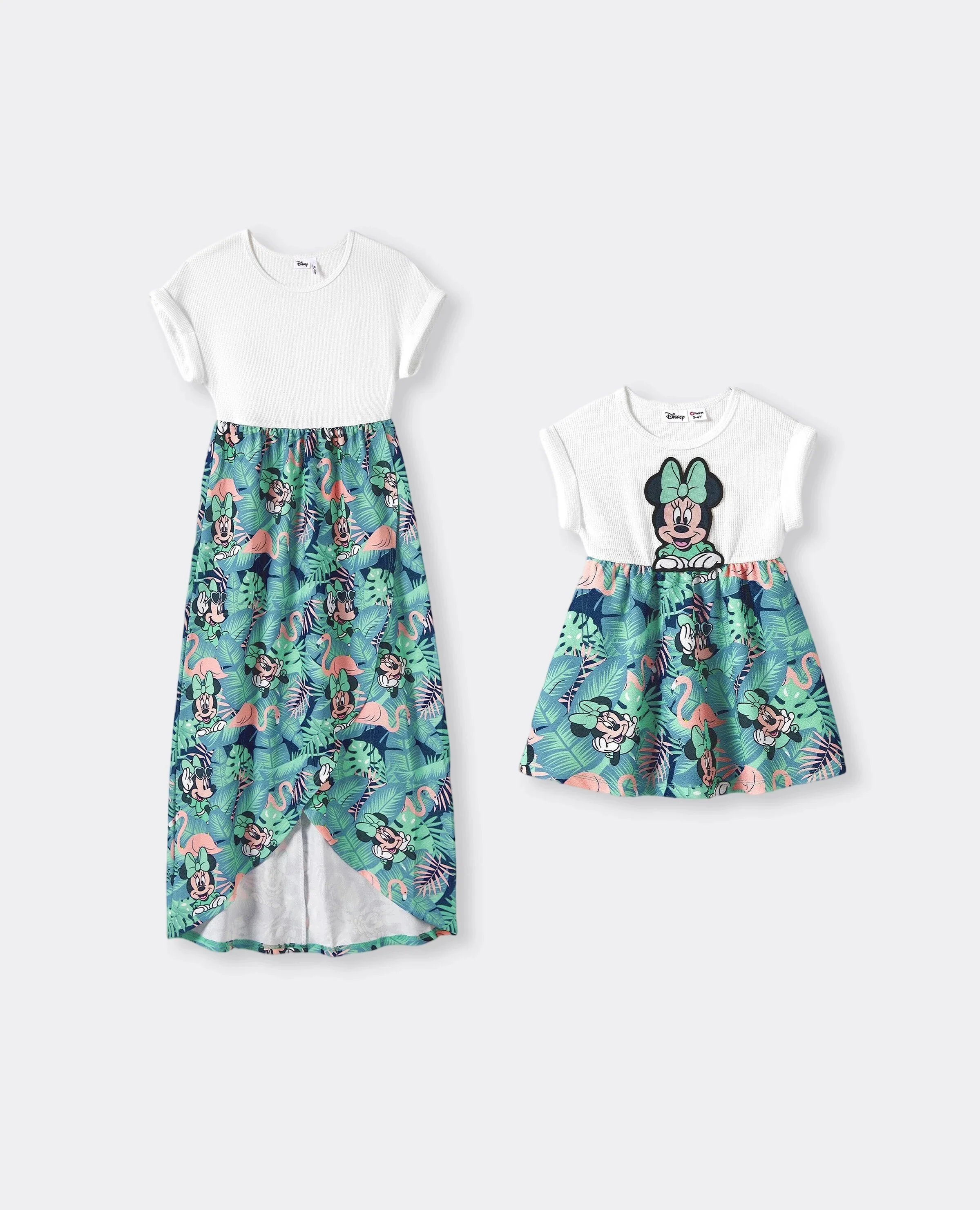 Disney Mickey and Friends Mommy & me Tropical Botanical Print Waffle Fabric Dress greenwhite