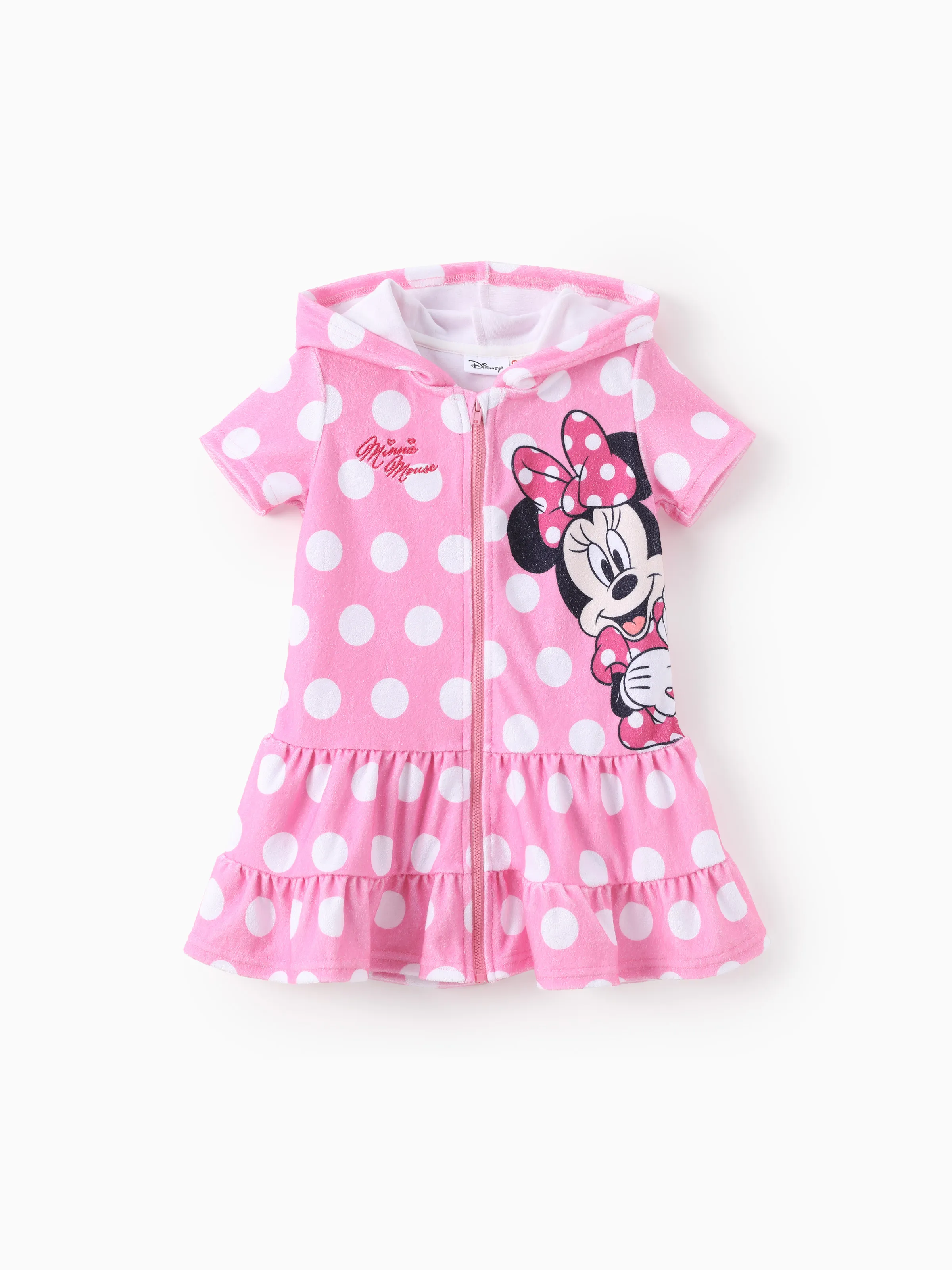 Disney Mickey and Friends Toddler Girl Minnie Mouse Polka Dot Pattern Hooded Zipper Ruffle-hem Swim Cover-up Pink