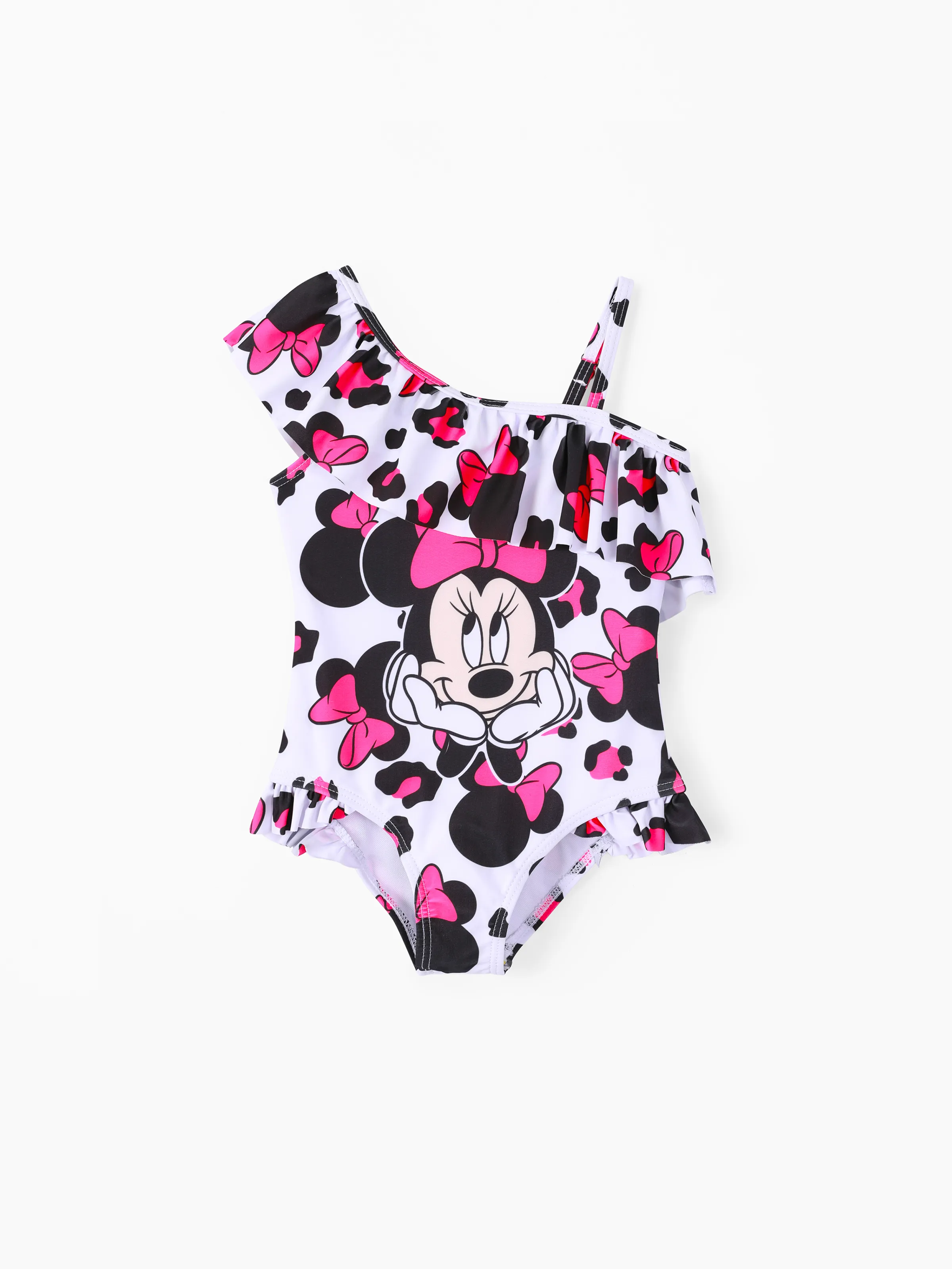 Disney Mickey and Friends Toddler Girl Minnie Leopard print off-shoulder ruffle swimsuit Roseo
