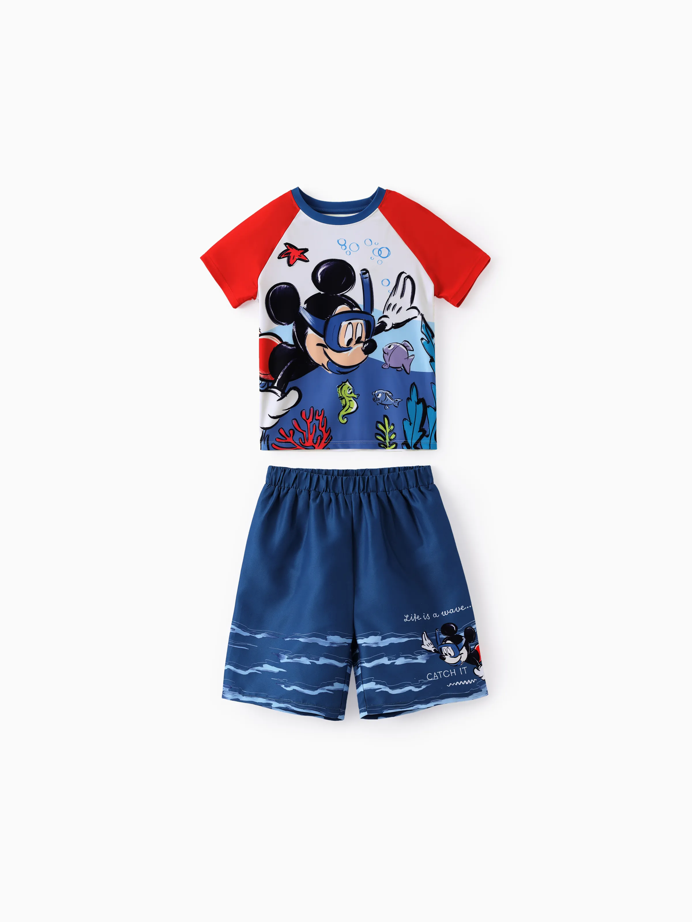 Disney Mickey and Friends Toddler/Kid Boy 2pcs Mickey Mouse UPF50+ Sea Life Print Tops and Trunks Swimsuit Deep Blue