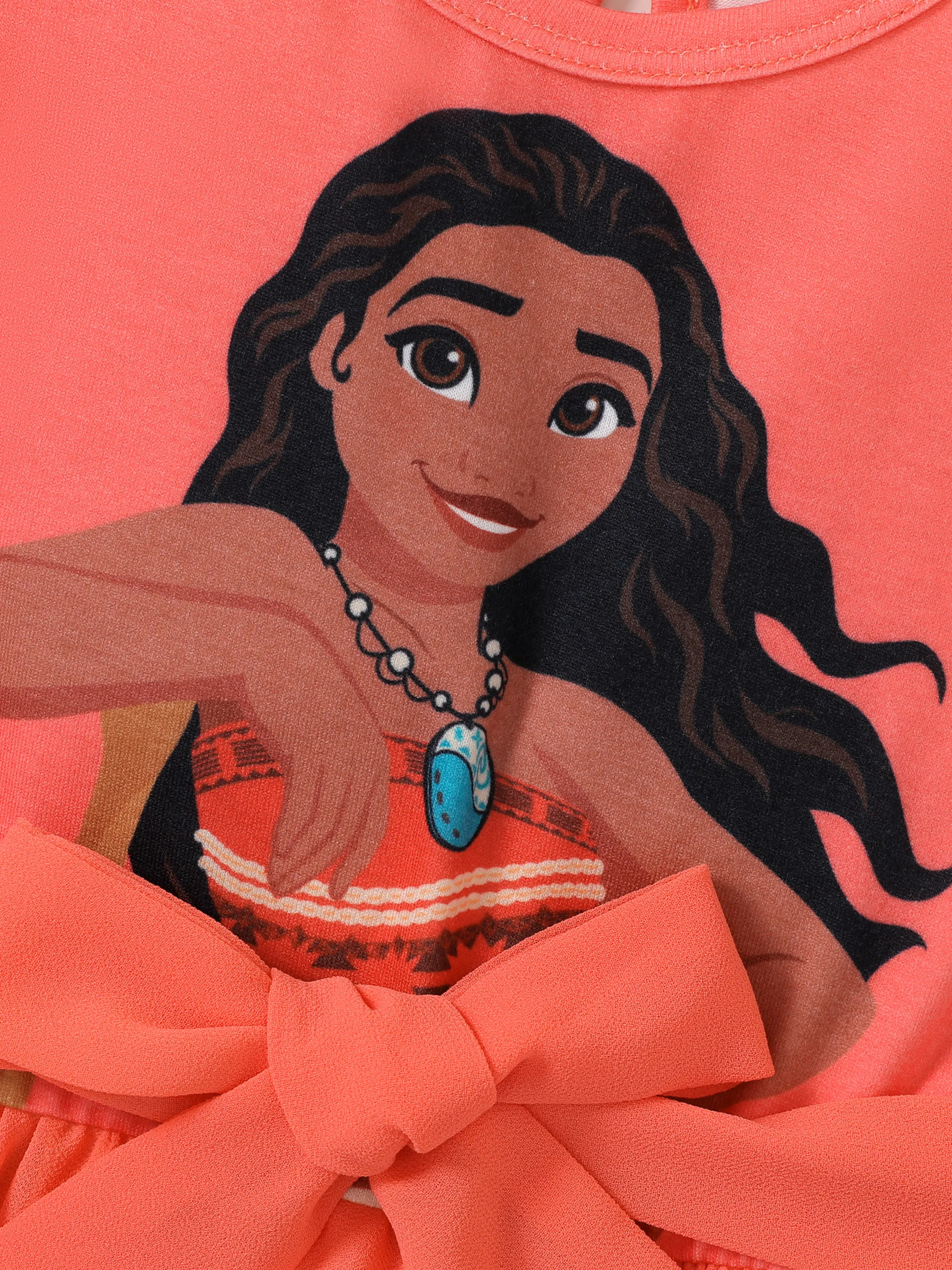 Disney Princess Moana Toddler Girl Character Print Bowknot Mesh Ruffled Romper orangered - Image 2