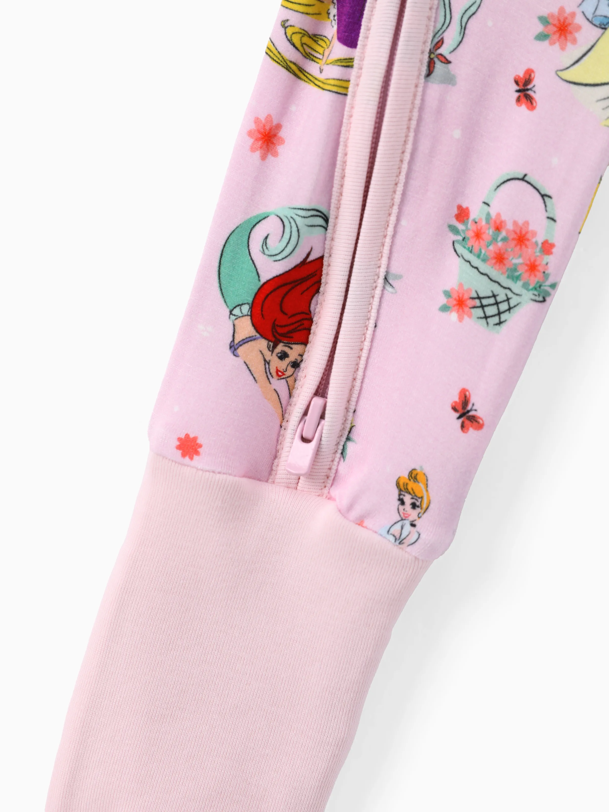 Disney Princess Bamboo Baby Girl Ariel/Belle/Tiana 2-Way Zip Onesies Anti Slip Long-sleeve Footie Pink - Image 5