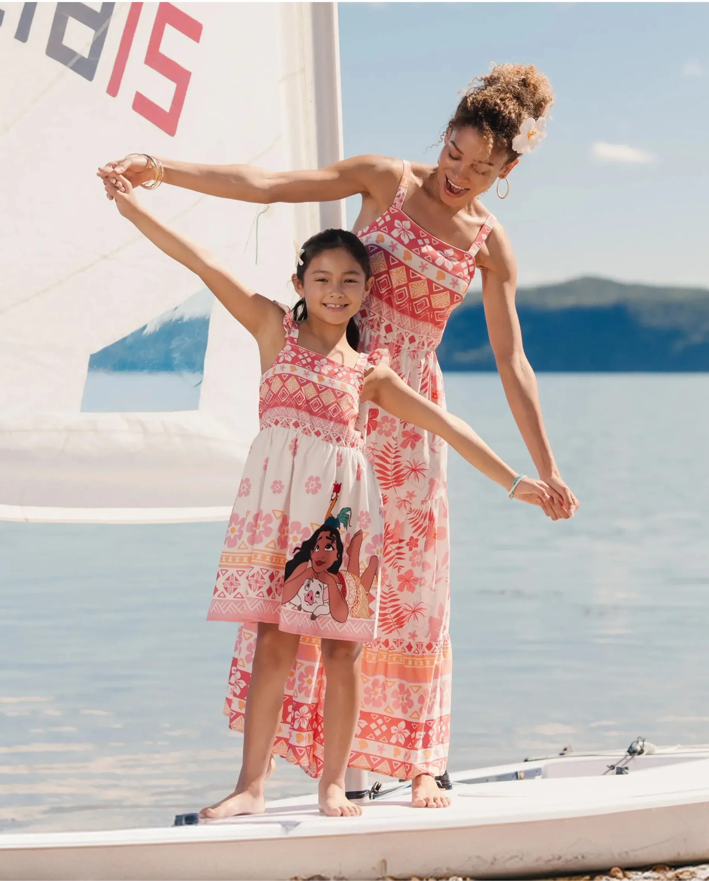Disney Princess Mommy and Me Moana Floral Dresses with Ruffle Straps for Summer Family Outings & Photos Pink