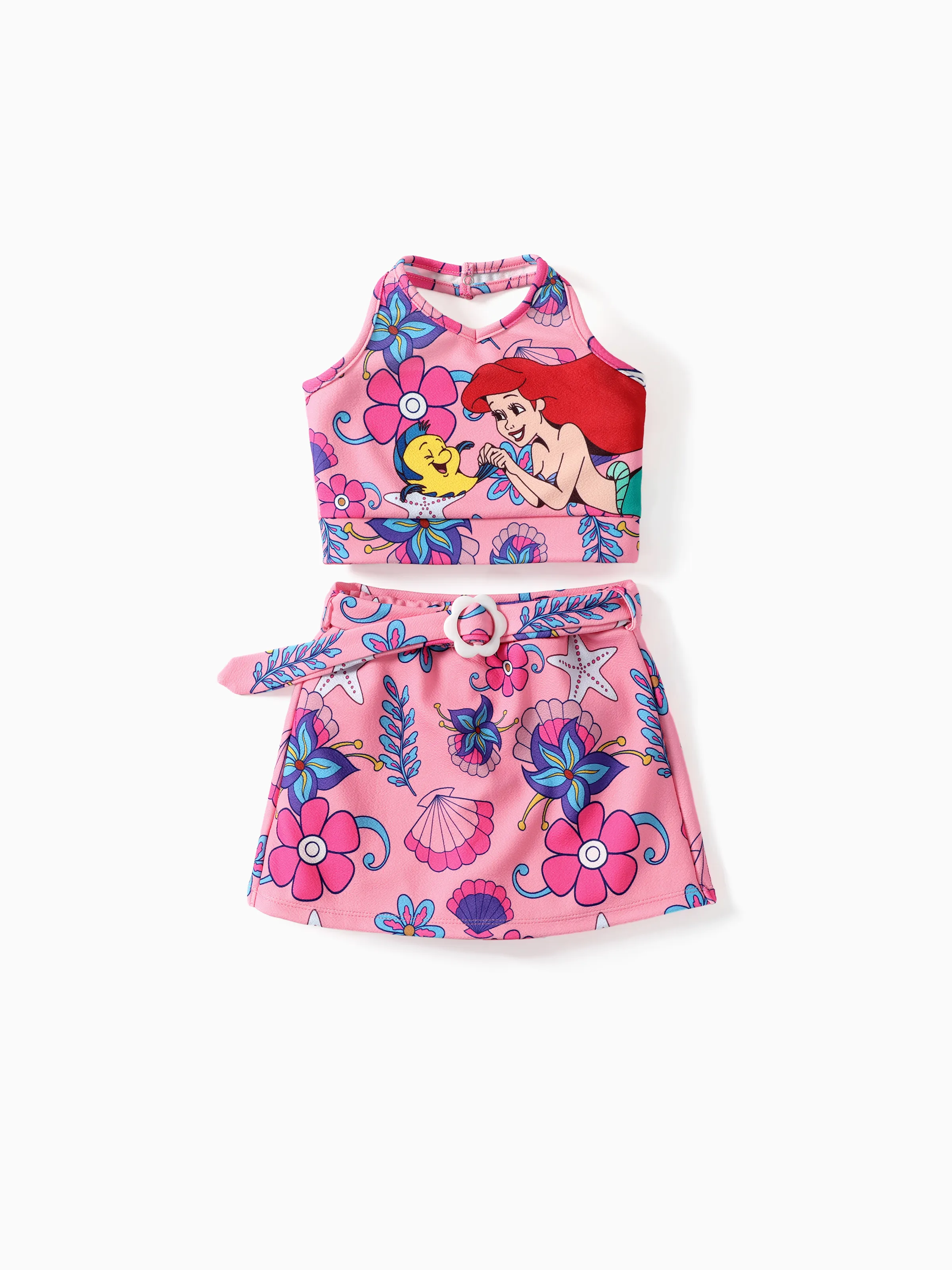 Disney Princess Toddler Girl 2pcs Ariel Print Halter Top with Floral Skirt Sets Pink