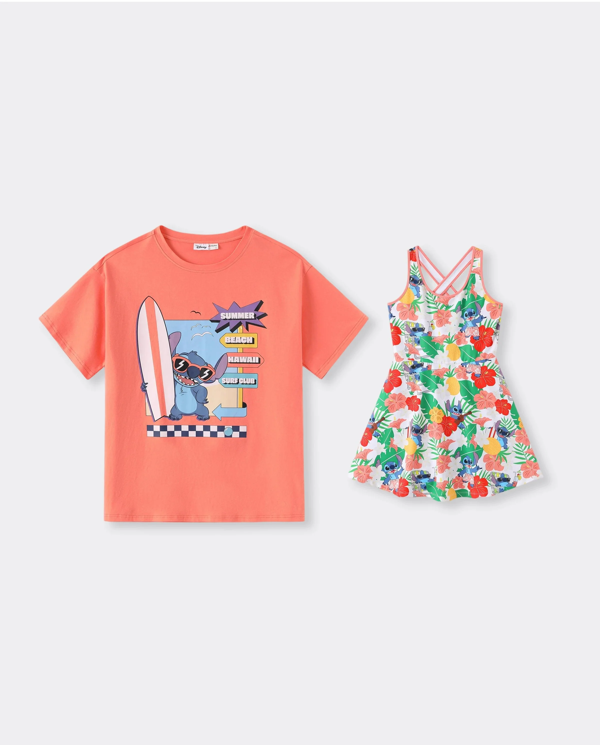 Disney Stitch Daddy & Daughter Tropical Floral Sporty Dress with Built-in Shorts & Pockets/ Cotton Top Multi-color