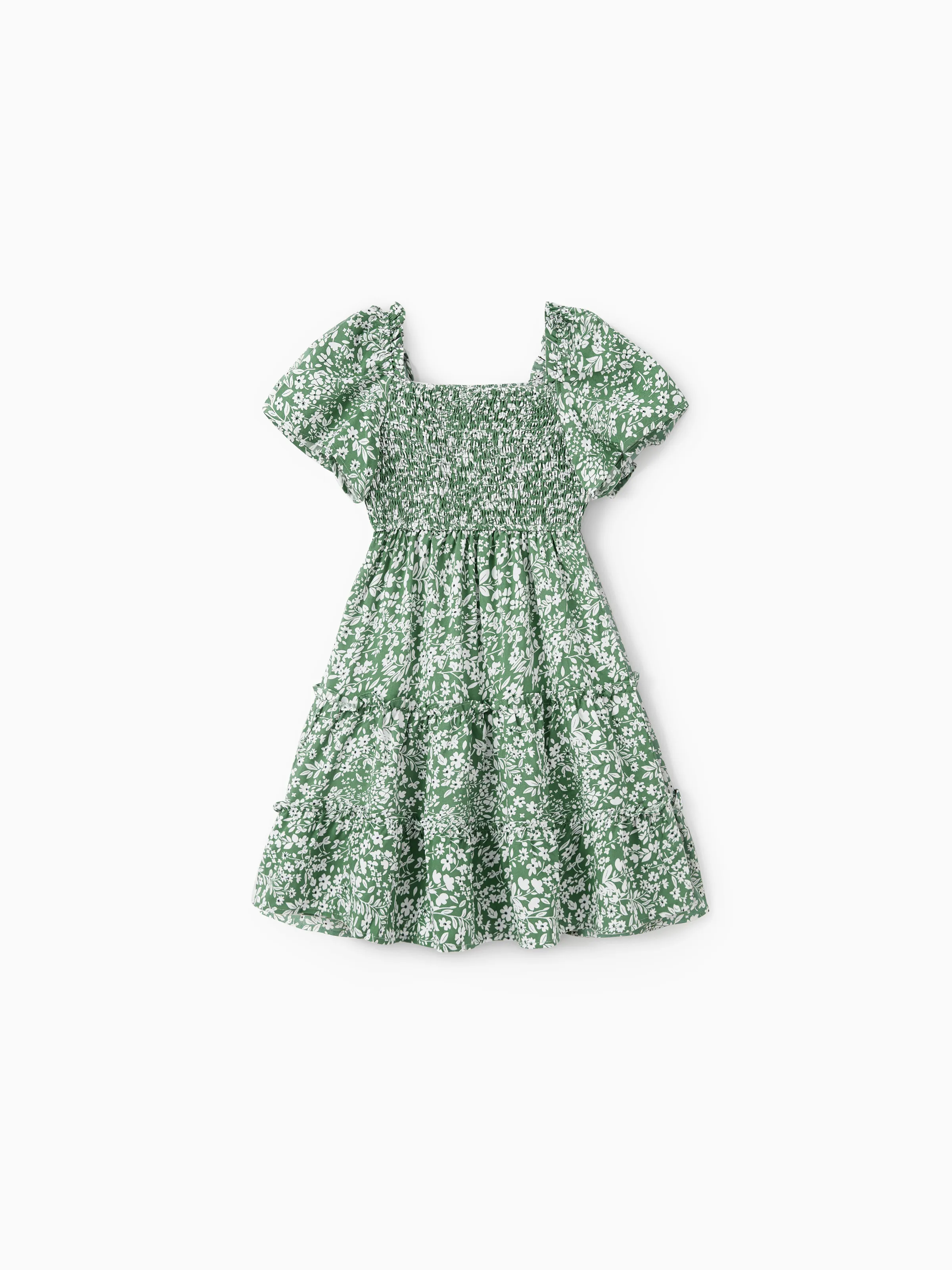 Elegant Broken Flower Matching Outfits for Family, Smocking Design, Medium Thickness Green - Image 10