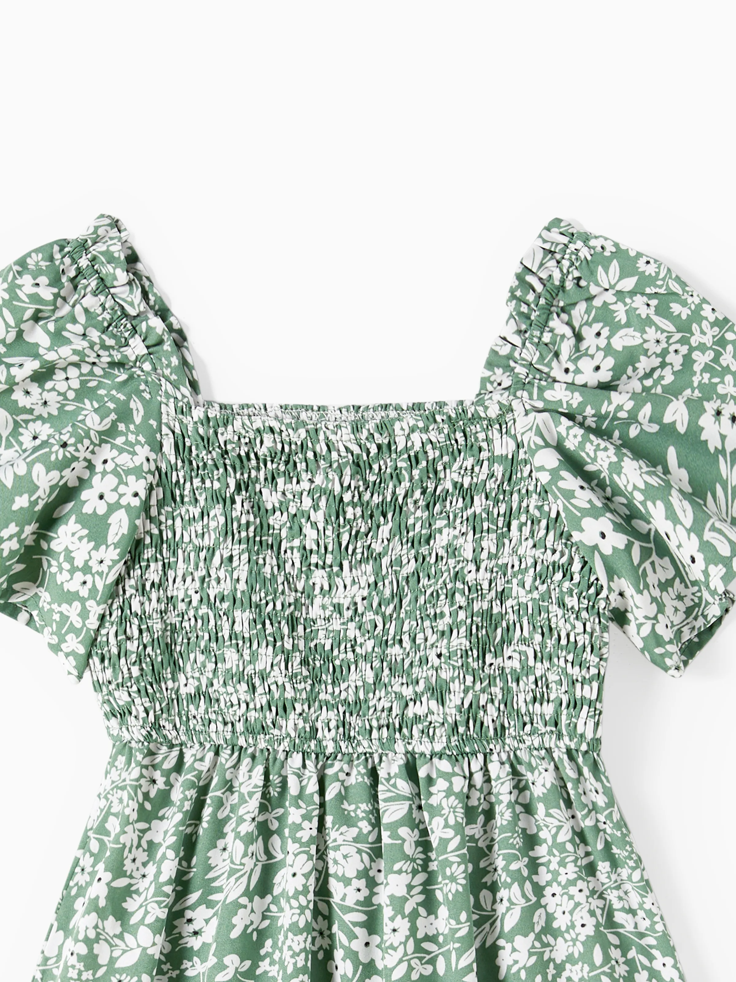 Elegant Broken Flower Matching Outfits for Family, Smocking Design, Medium Thickness Green - Image 12