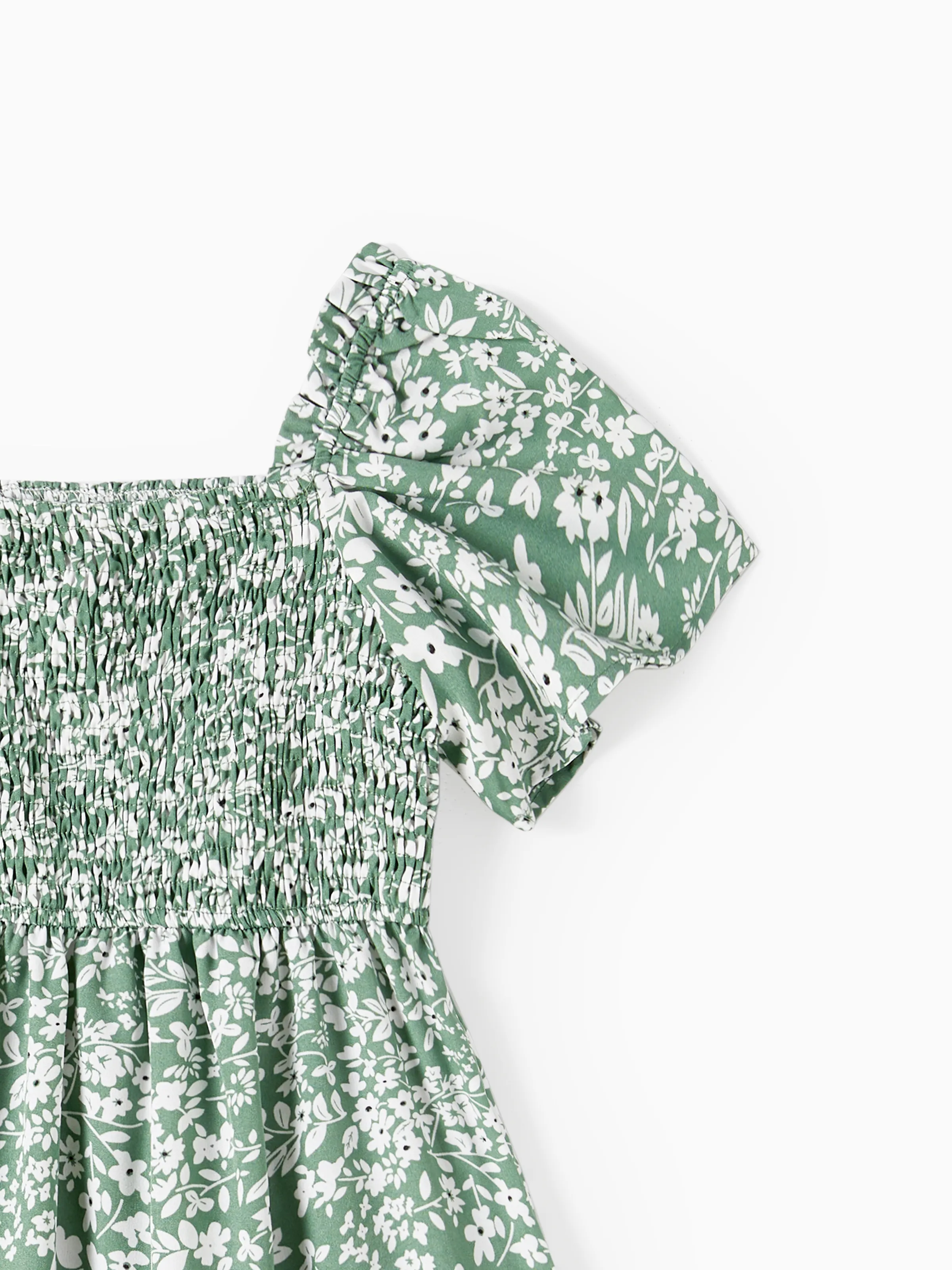 Elegant Broken Flower Matching Outfits for Family, Smocking Design, Medium Thickness Green - Image 13