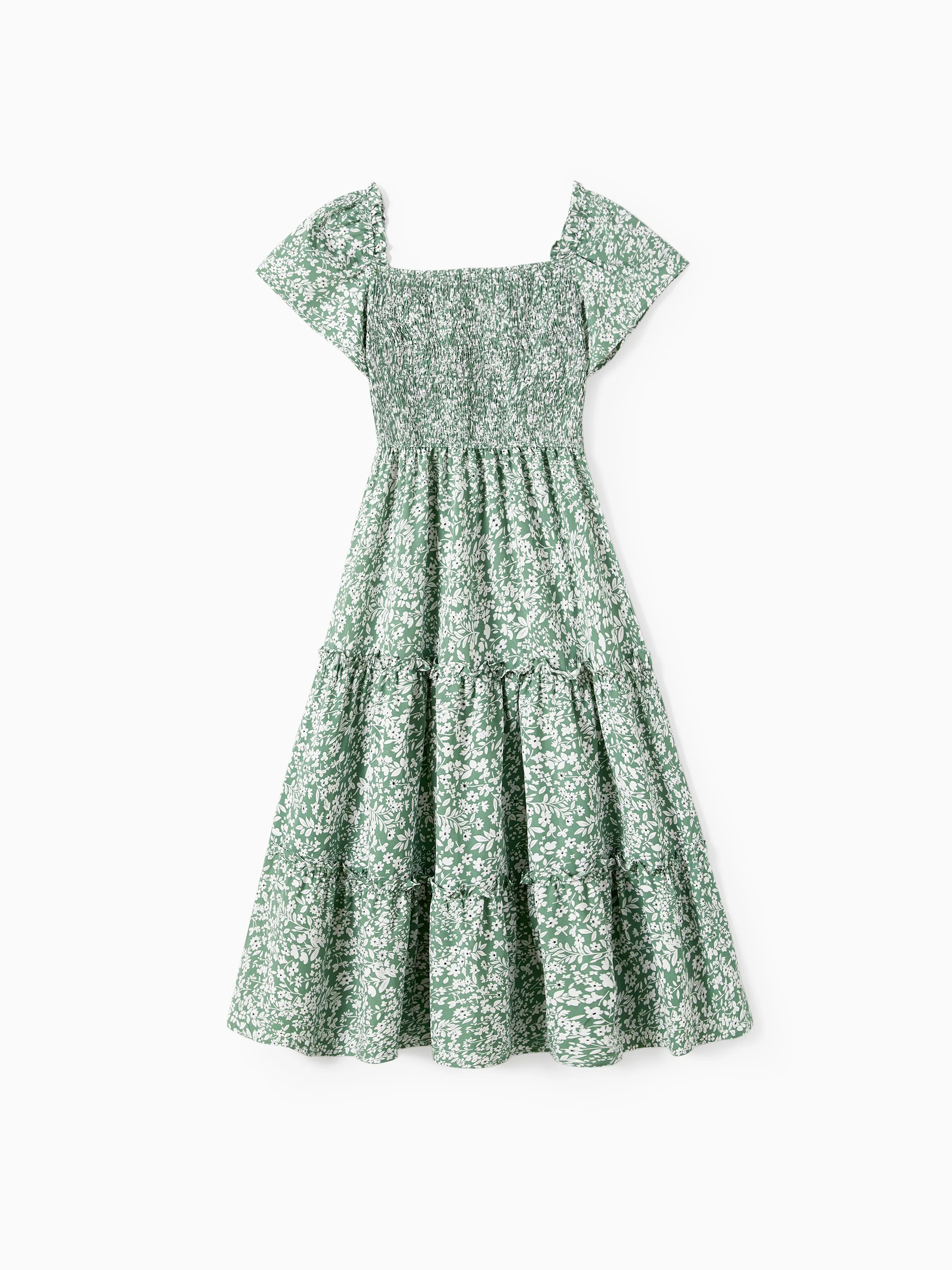 Elegant Broken Flower Matching Outfits for Family, Smocking Design, Medium Thickness Green - Image 4