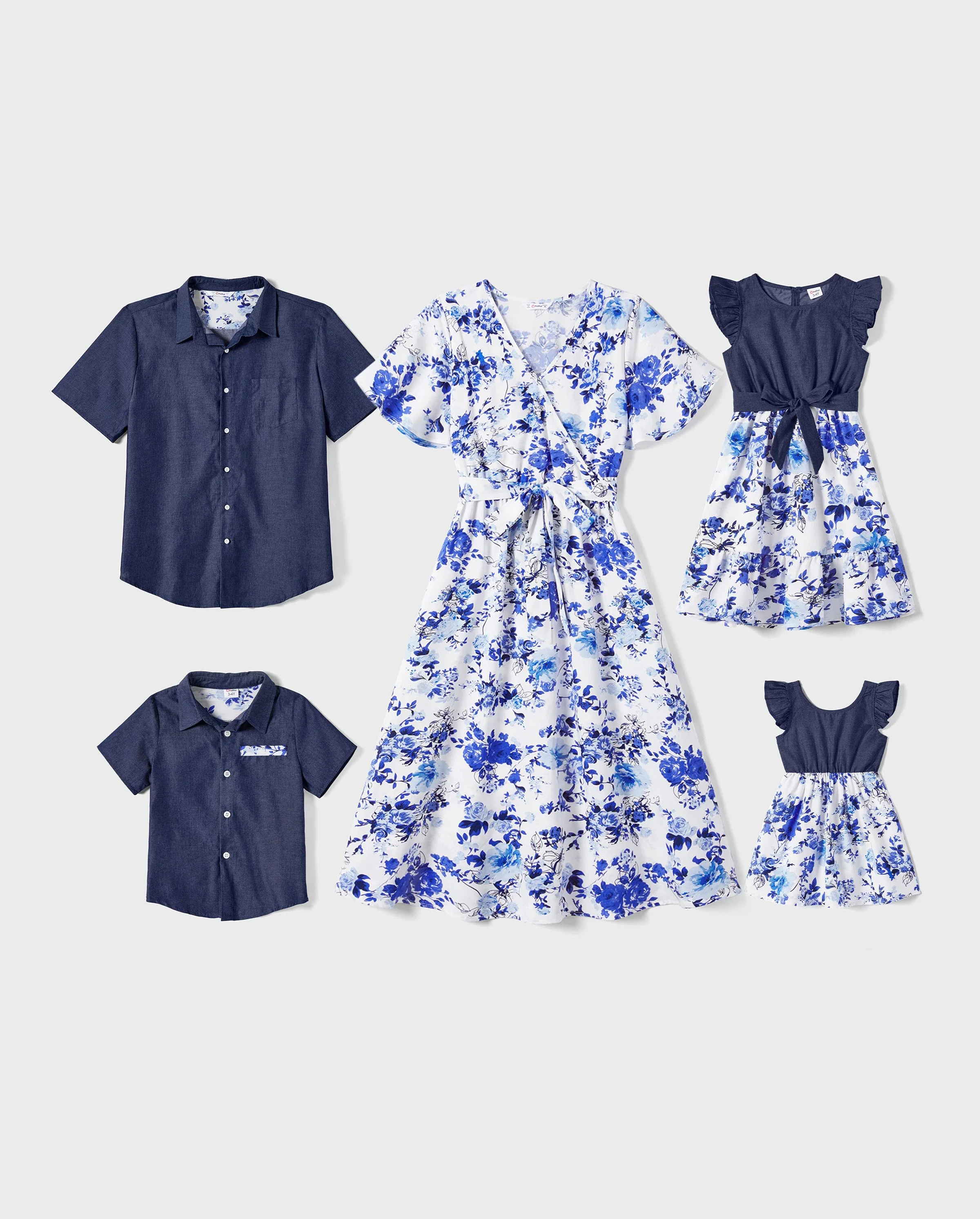 Family Matching Floral Print Short-sleeve Shirt or Tie Waist Dress Set Blue - Image 10