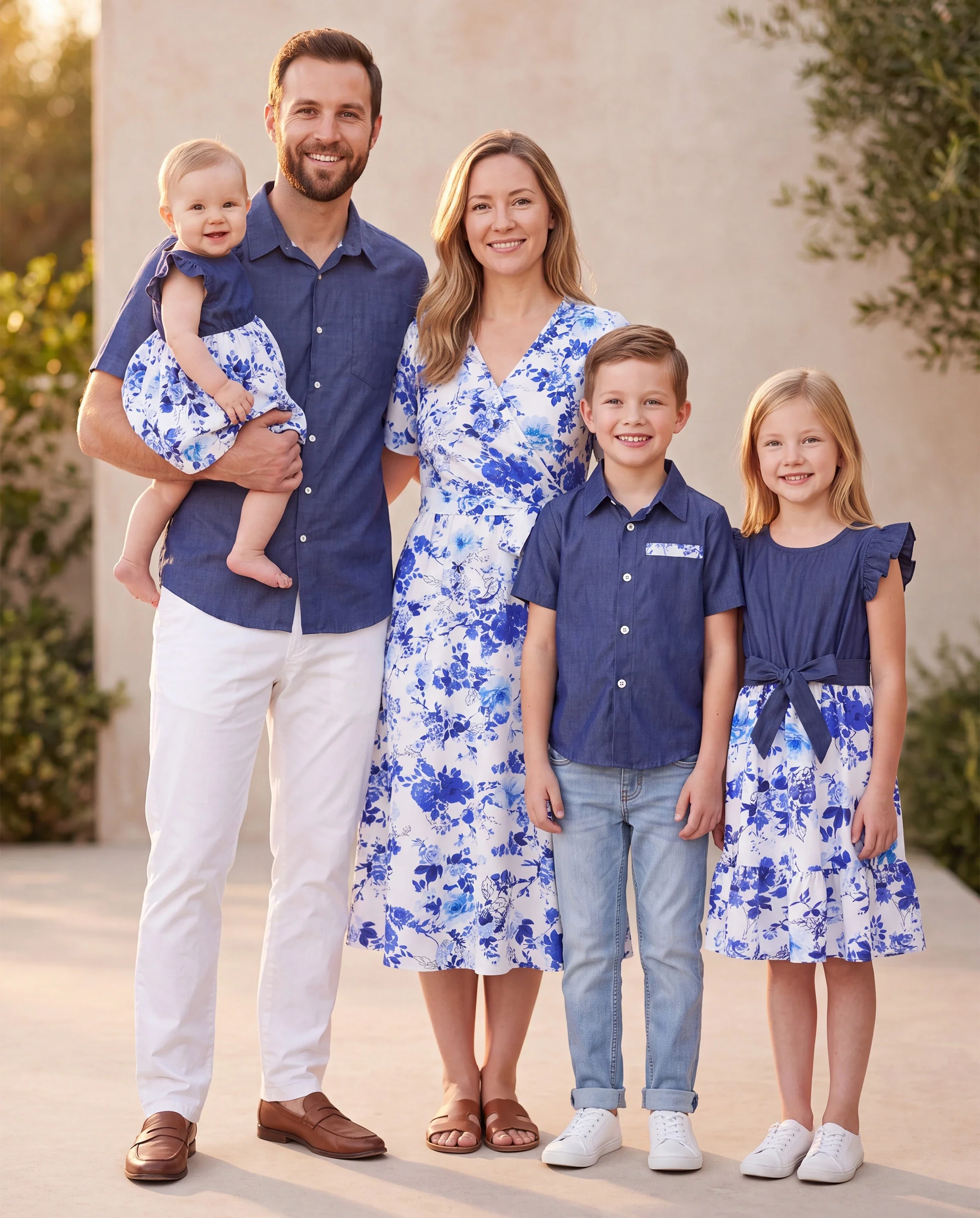 Family Matching Floral Print Short-sleeve Shirt or Tie Waist Dress Set Blue - Image 11