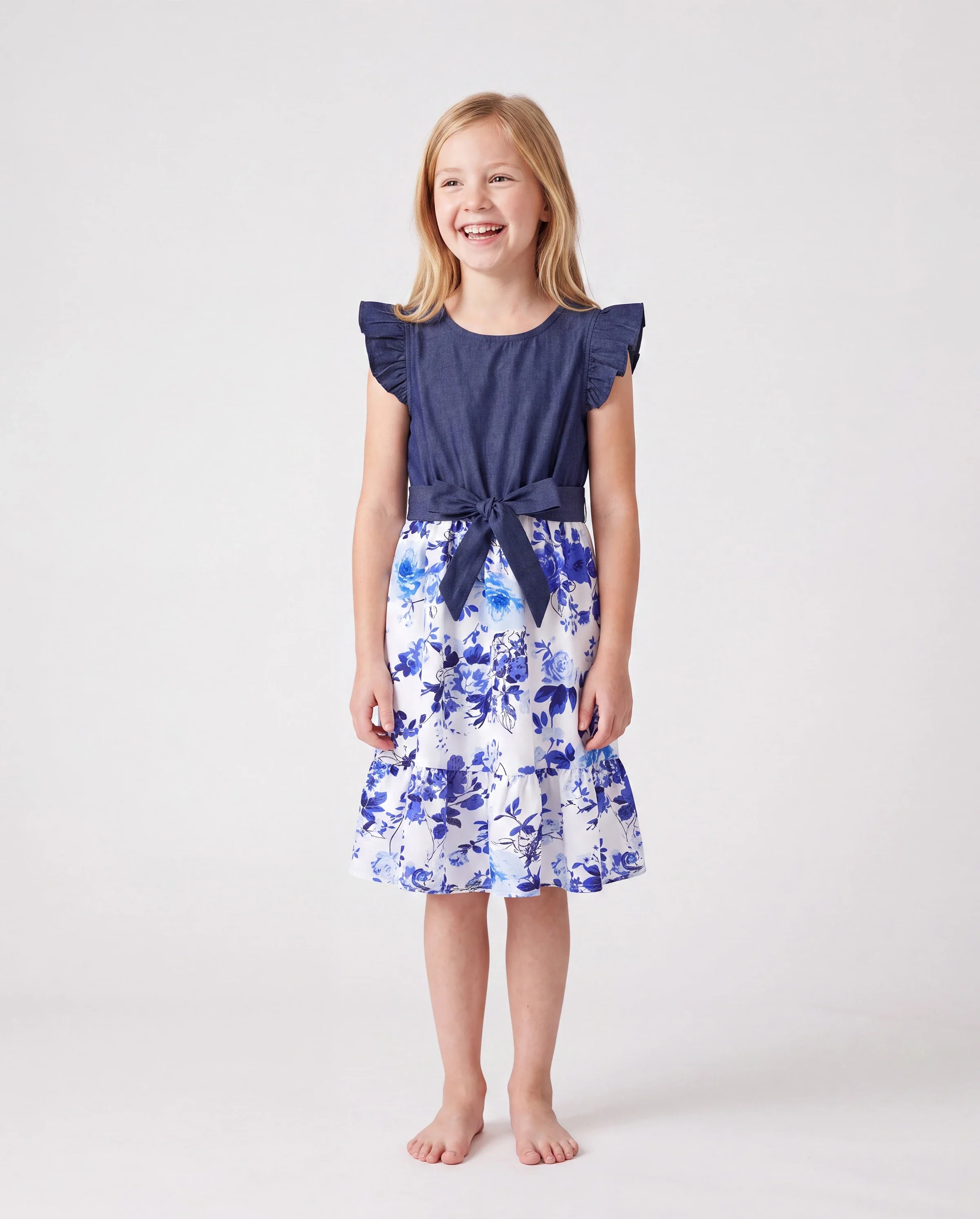 Family Matching Floral Print Short-sleeve Shirt or Tie Waist Dress Set Blue - Image 3