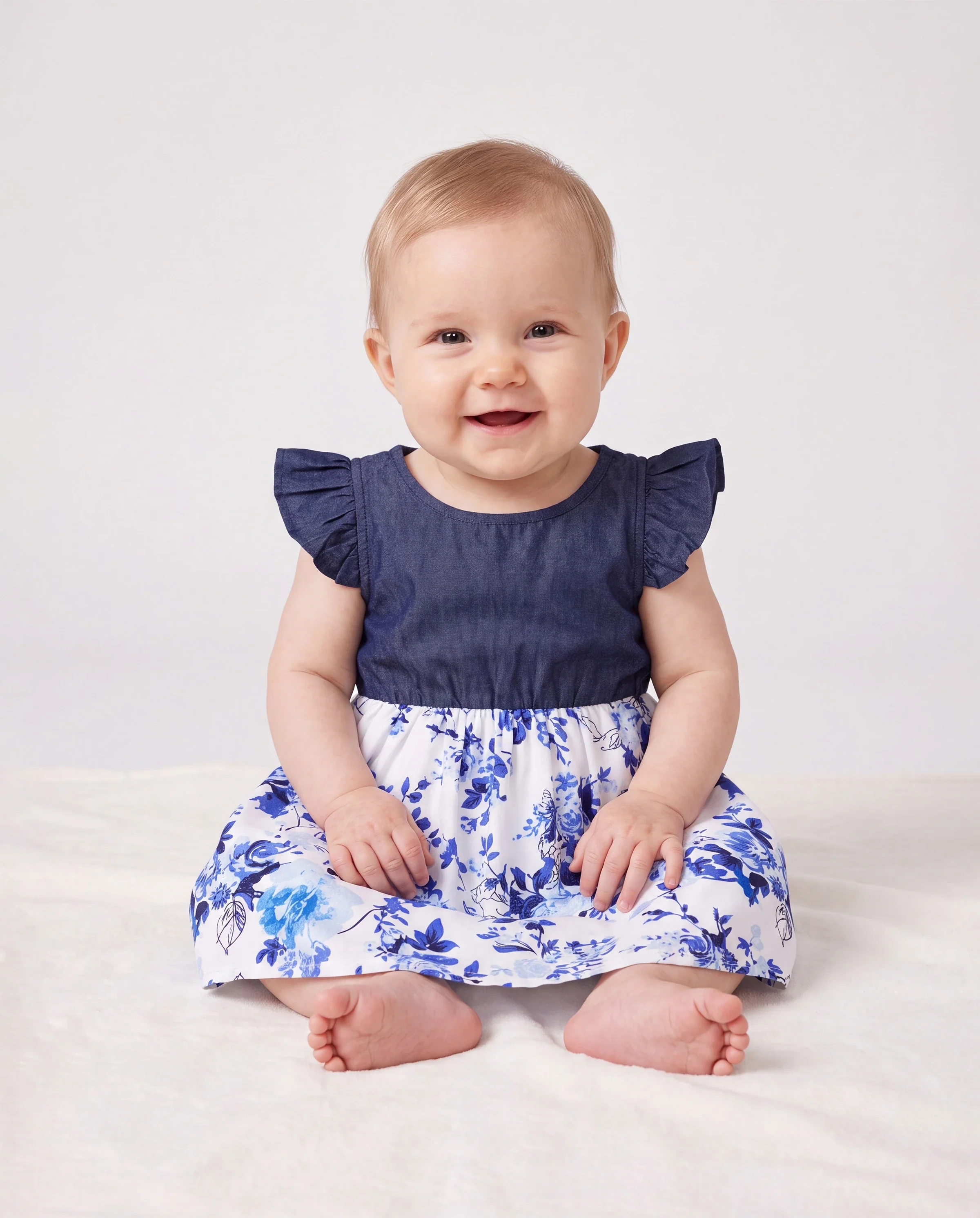 Family Matching Floral Print Short-sleeve Shirt or Tie Waist Dress Set Blue - Image 4
