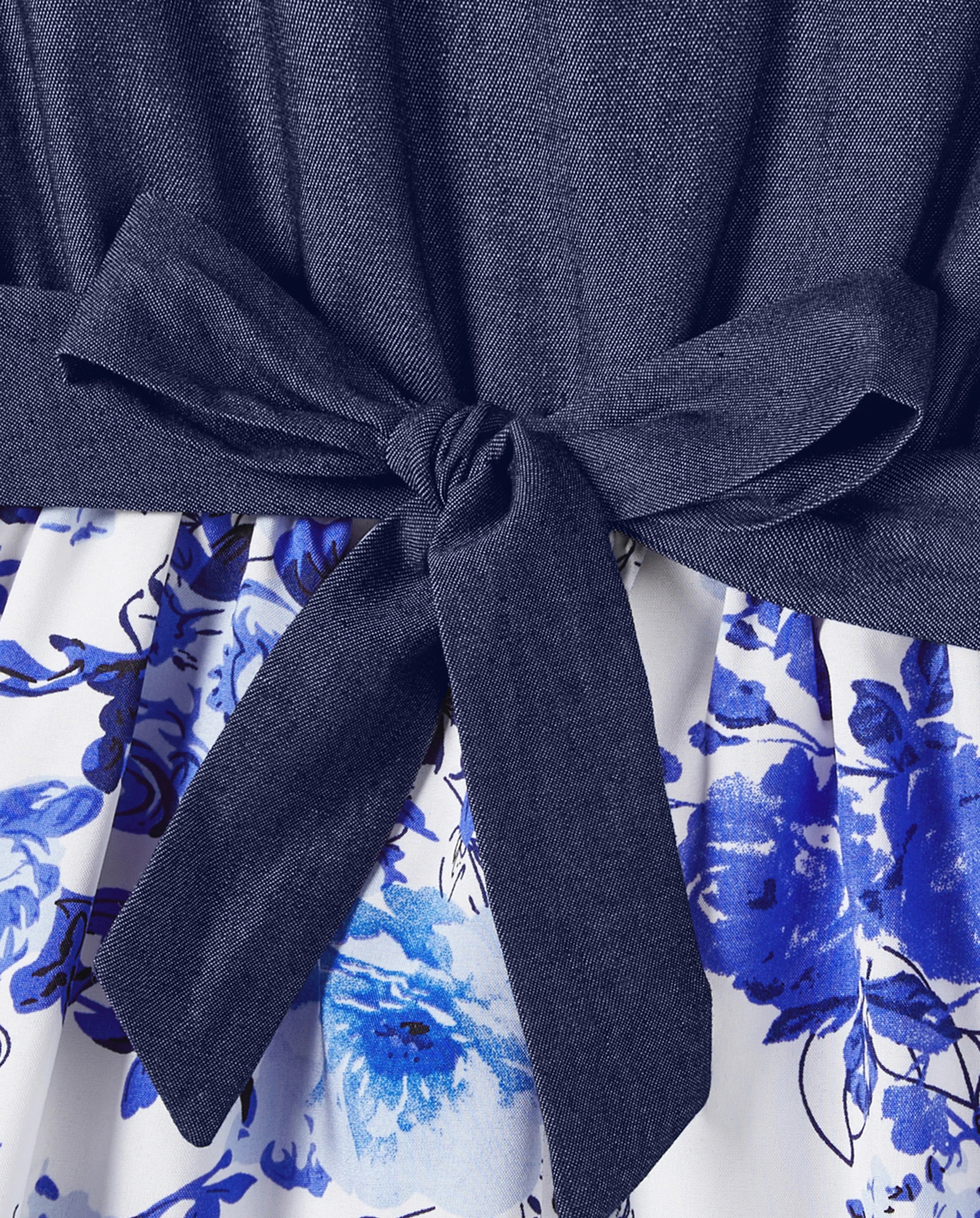 Family Matching Floral Print Short-sleeve Shirt or Tie Waist Dress Set Blue - Image 9