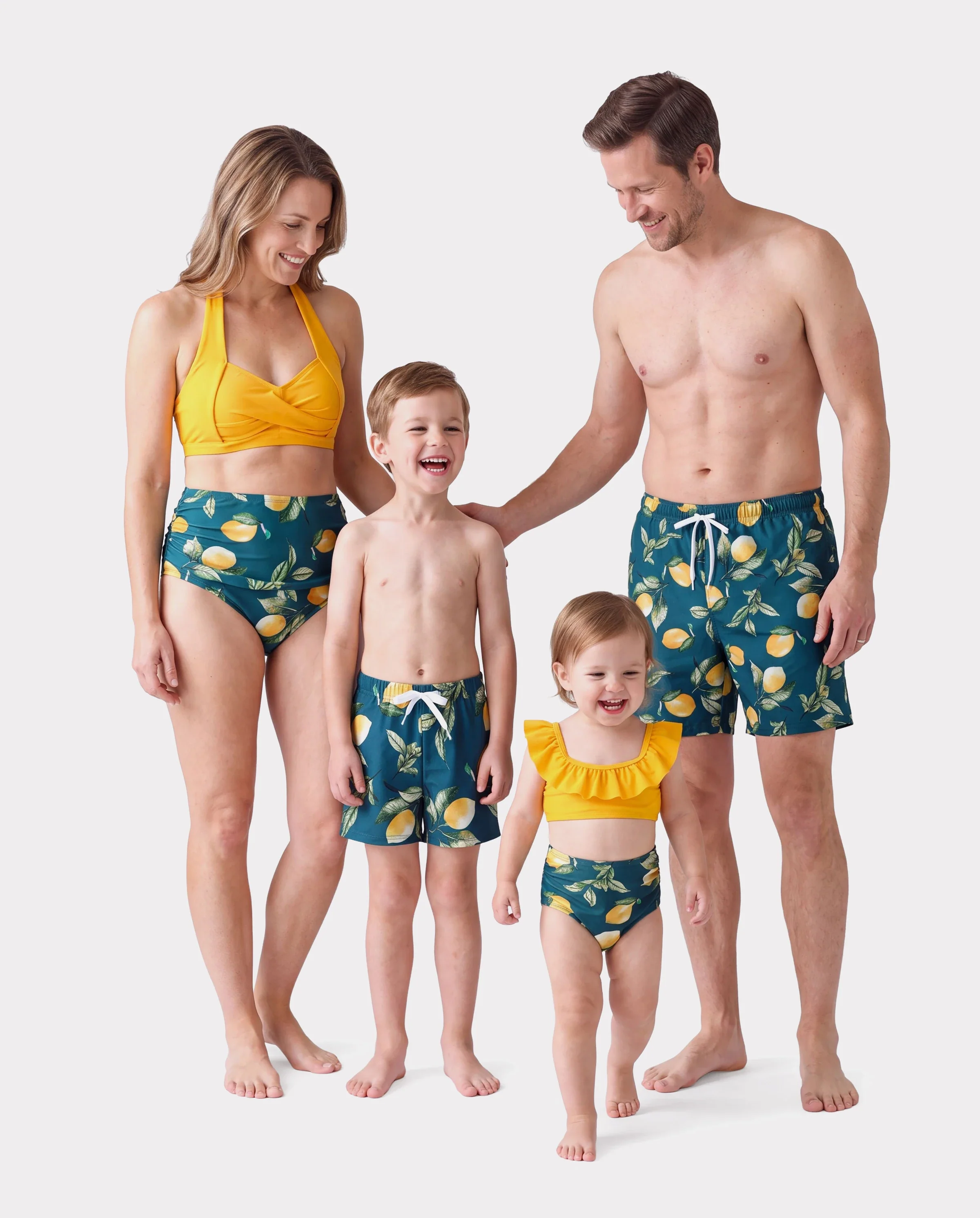 Family Matching Allover Lemon Print and Solid Halter Neck Two-piece Swimsuit or Swim Trunks Shorts Multi-color