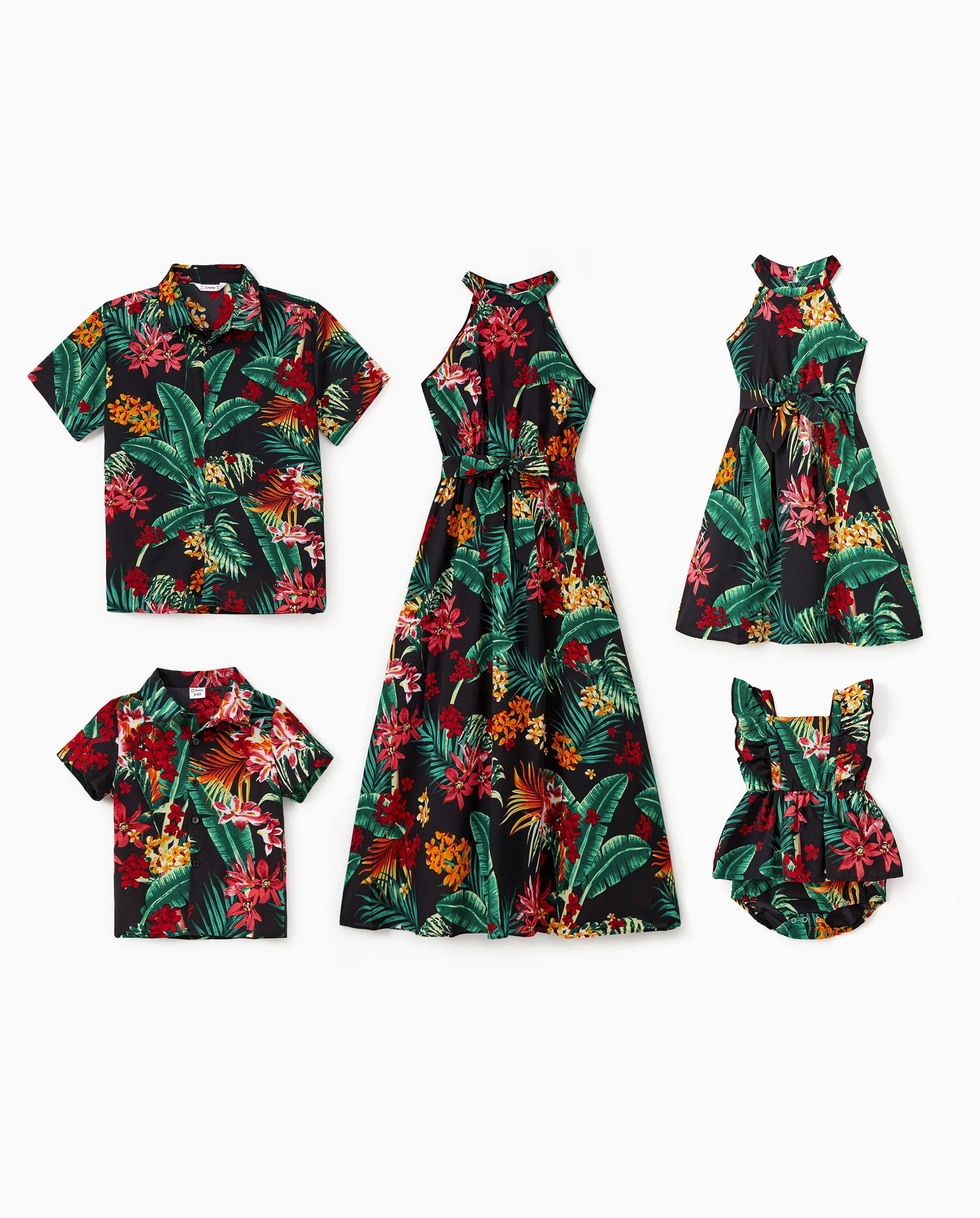 Family Matching Allover Plant Floral Print Halterneck Dresses and Short-sleeve Shirts Sets Black - Image 10