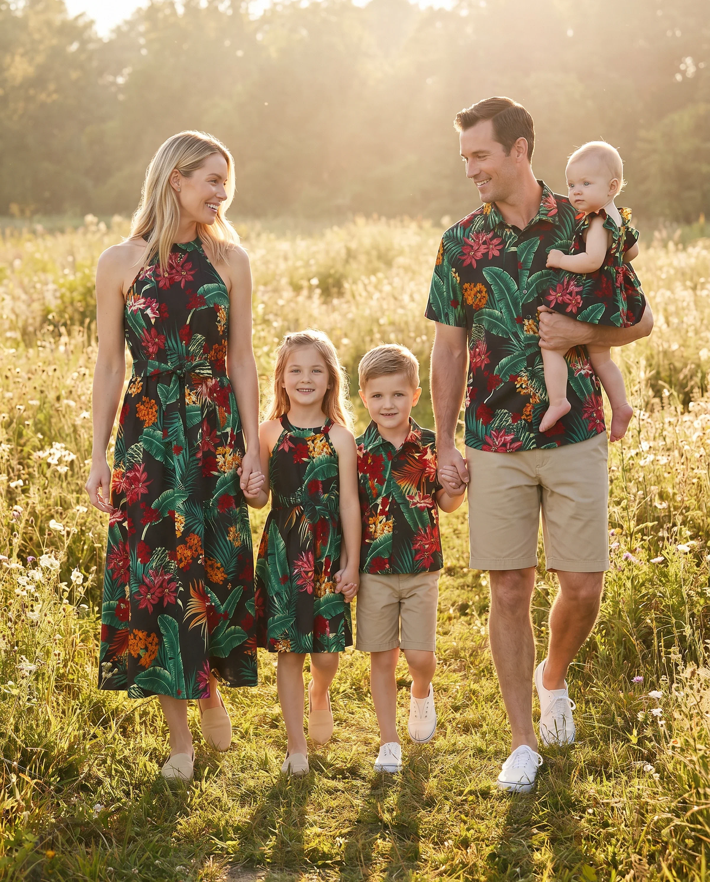 Family Matching Allover Plant Floral Print Halterneck Dresses and Short-sleeve Shirts Sets Black - Image 11