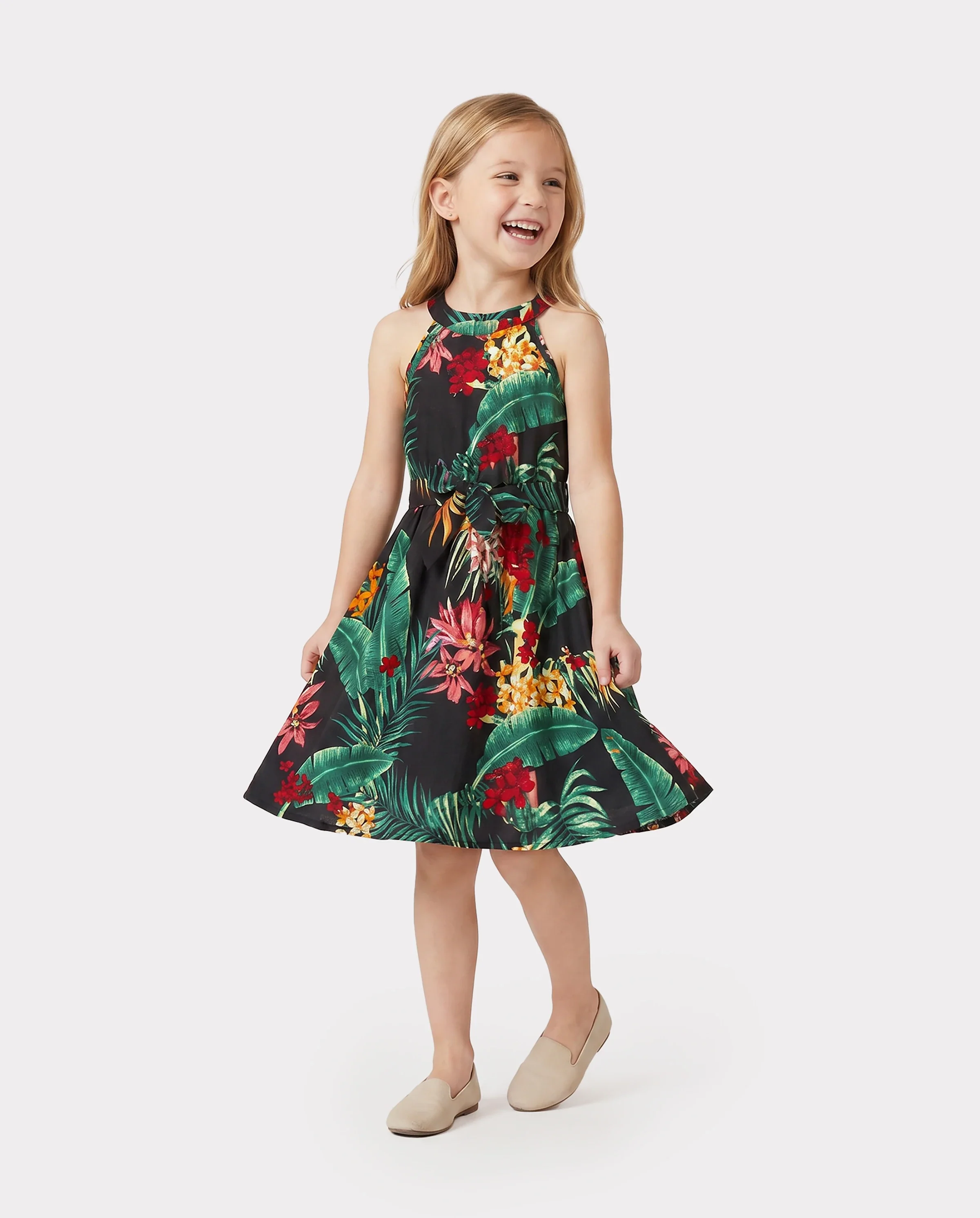 Family Matching Allover Plant Floral Print Halterneck Dresses and Short-sleeve Shirts Sets Black - Image 3
