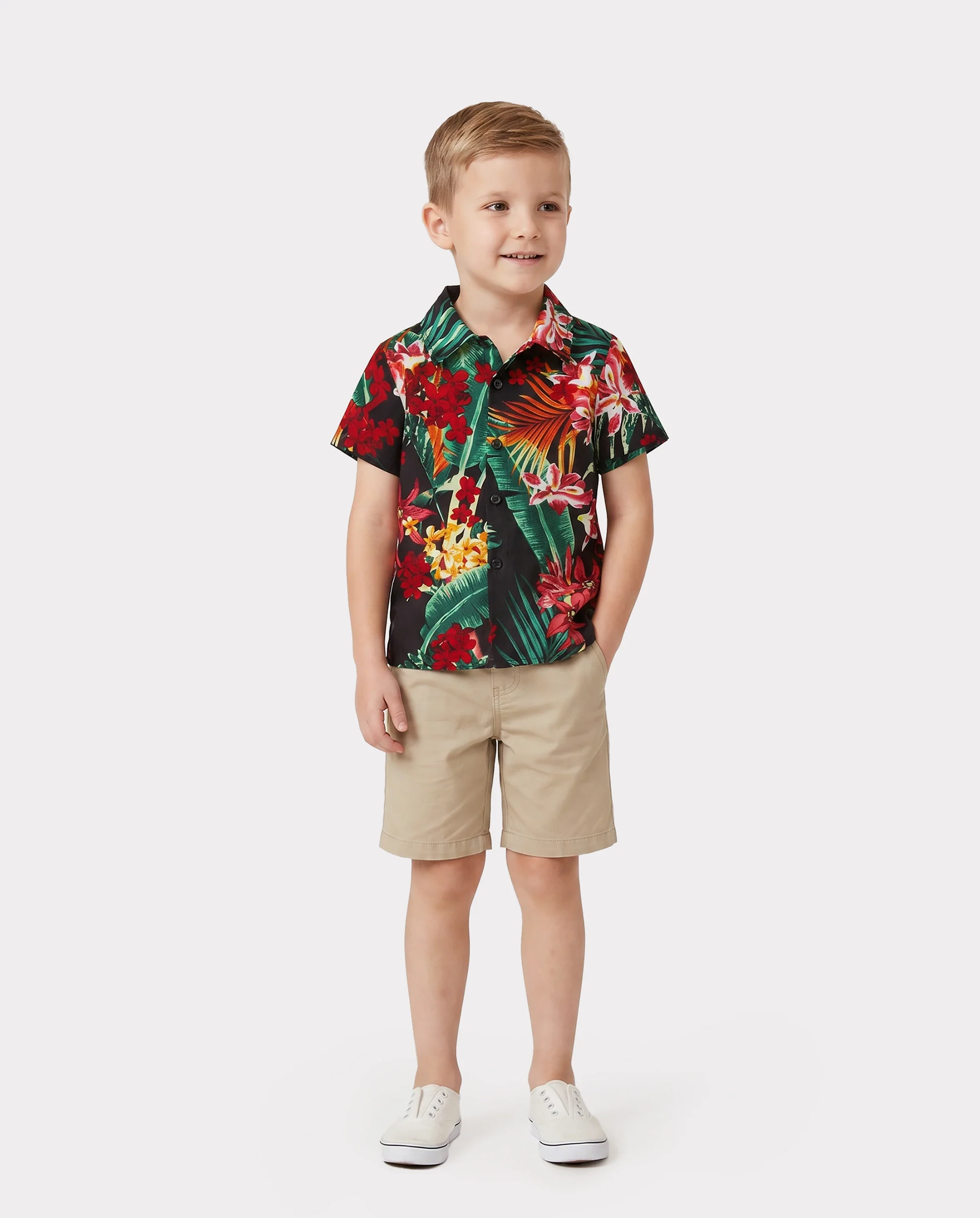 Family Matching Allover Plant Floral Print Halterneck Dresses and Short-sleeve Shirts Sets Black - Image 5