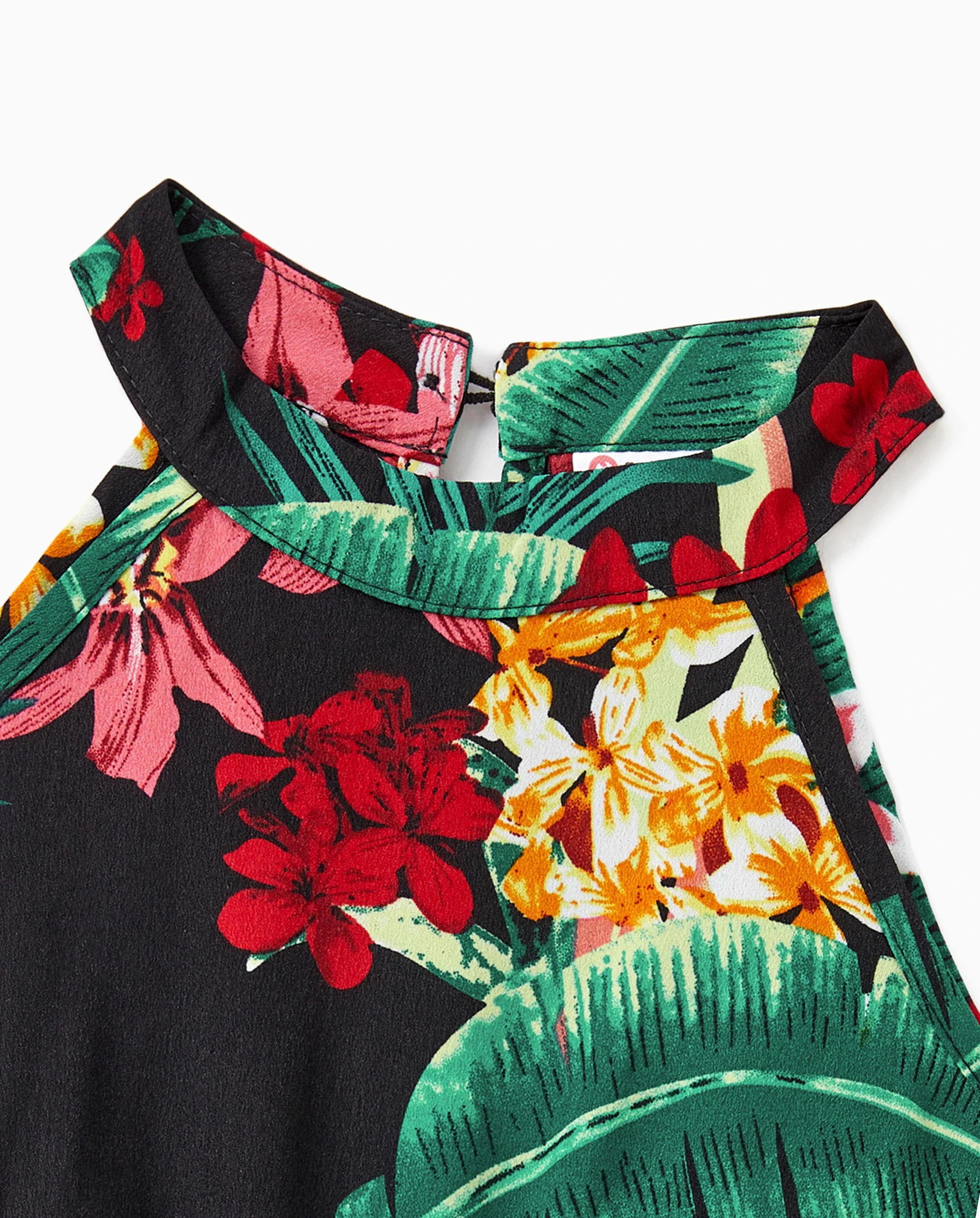 Family Matching Allover Plant Floral Print Halterneck Dresses and Short-sleeve Shirts Sets Black - Image 8