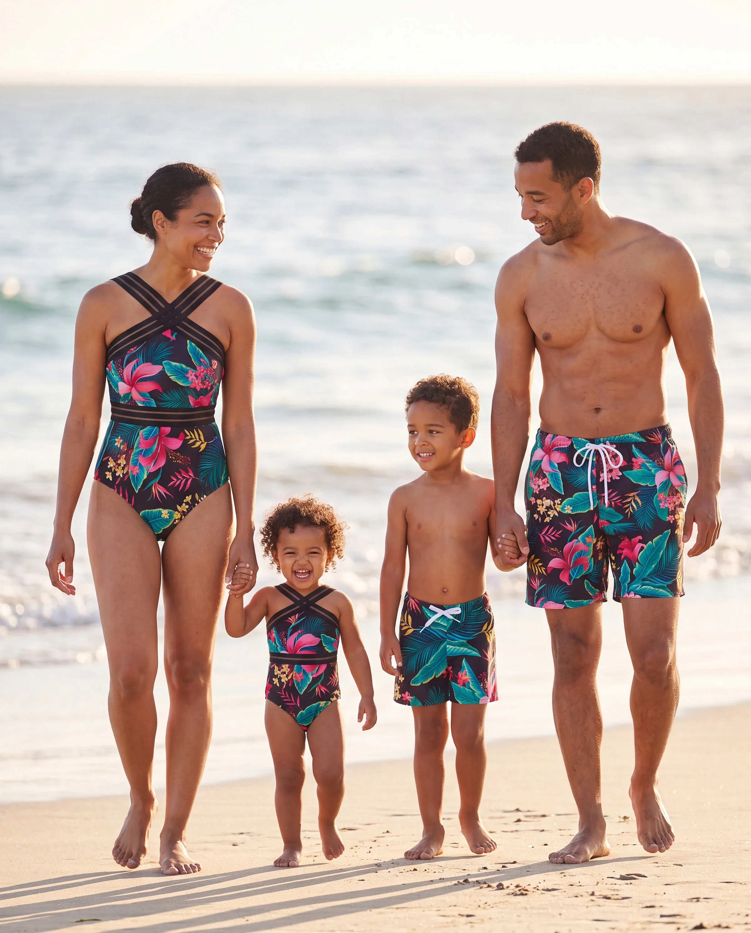 Family Matching Allover Plant Print Crisscross One-Piece Swimsuit and Swim Trunks Black - Image 10