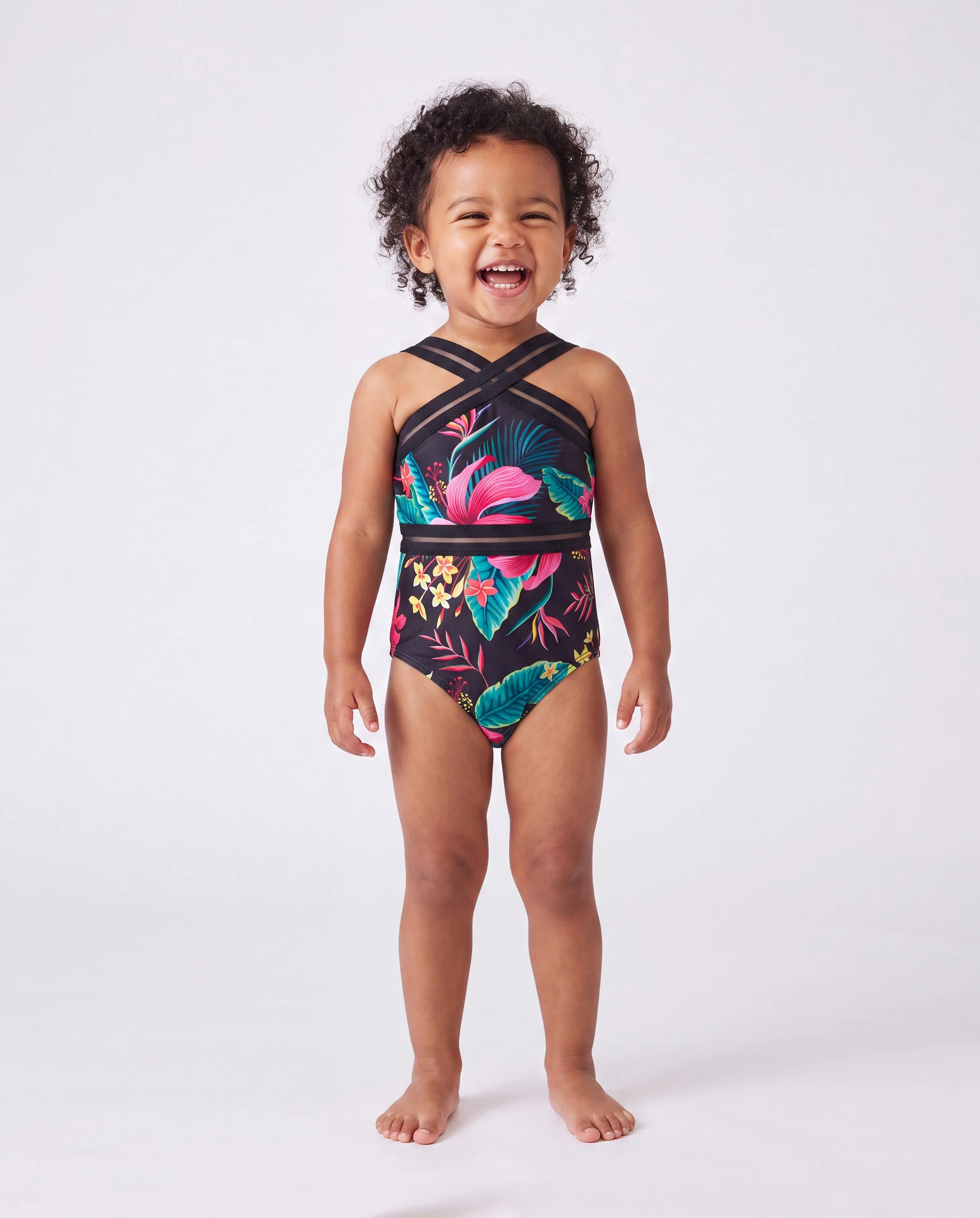 Family Matching Allover Plant Print Crisscross One-Piece Swimsuit and Swim Trunks Black - Image 3