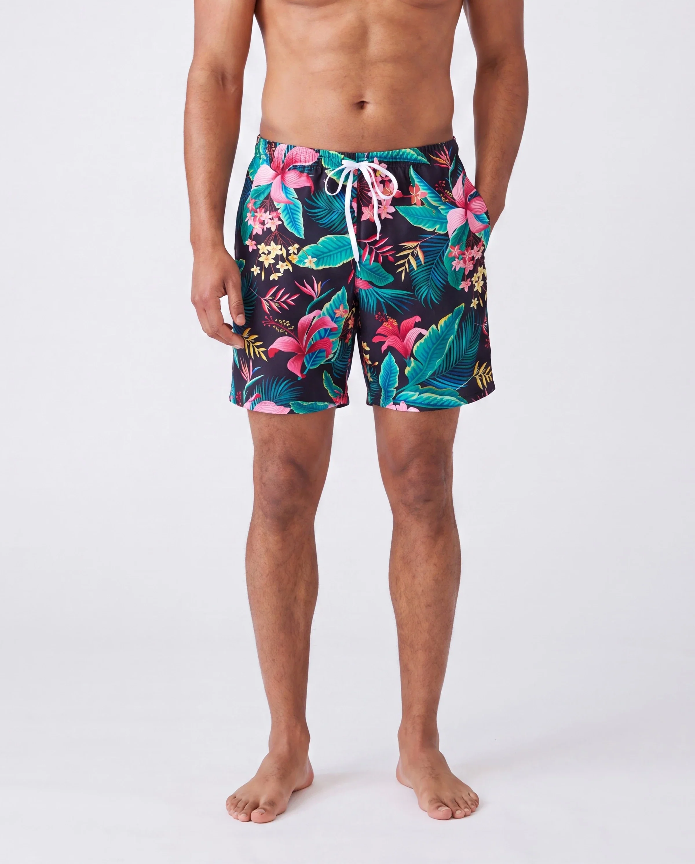 Family Matching Allover Plant Print Crisscross One-Piece Swimsuit and Swim Trunks Black - Image 5