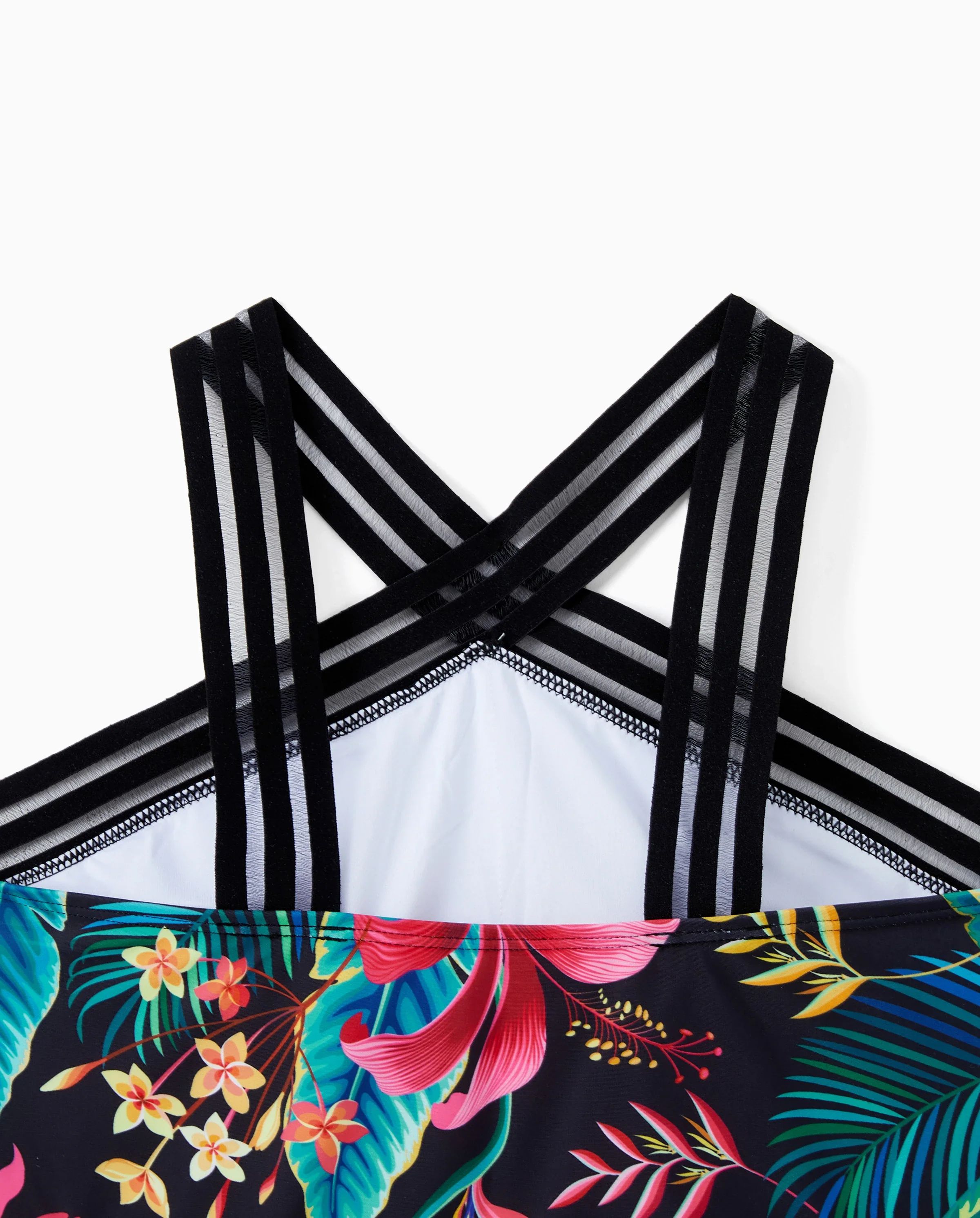 Family Matching Allover Plant Print Crisscross One-Piece Swimsuit and Swim Trunks Black - Image 7