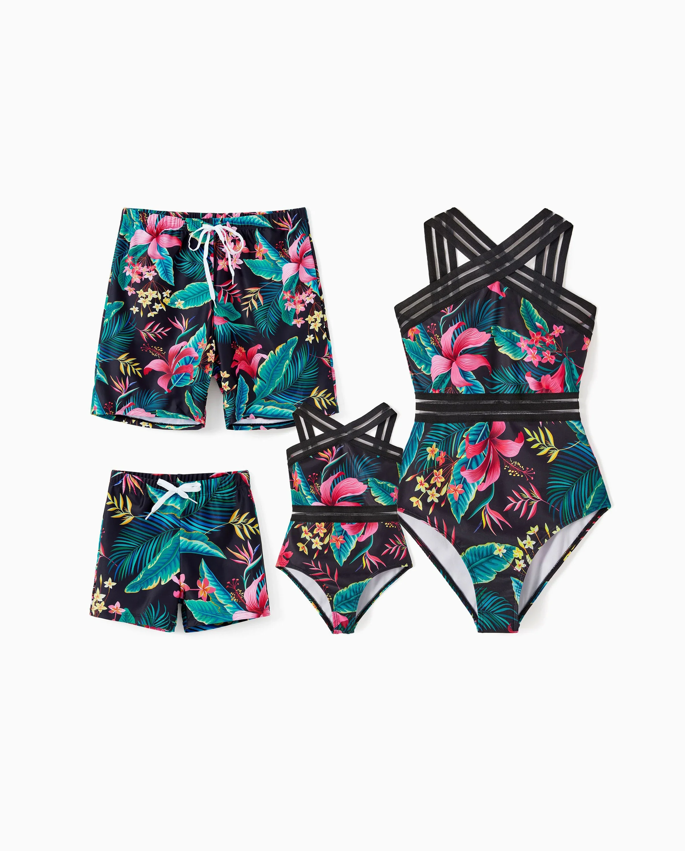 Family Matching Allover Plant Print Crisscross One-Piece Swimsuit and Swim Trunks Black - Image 9