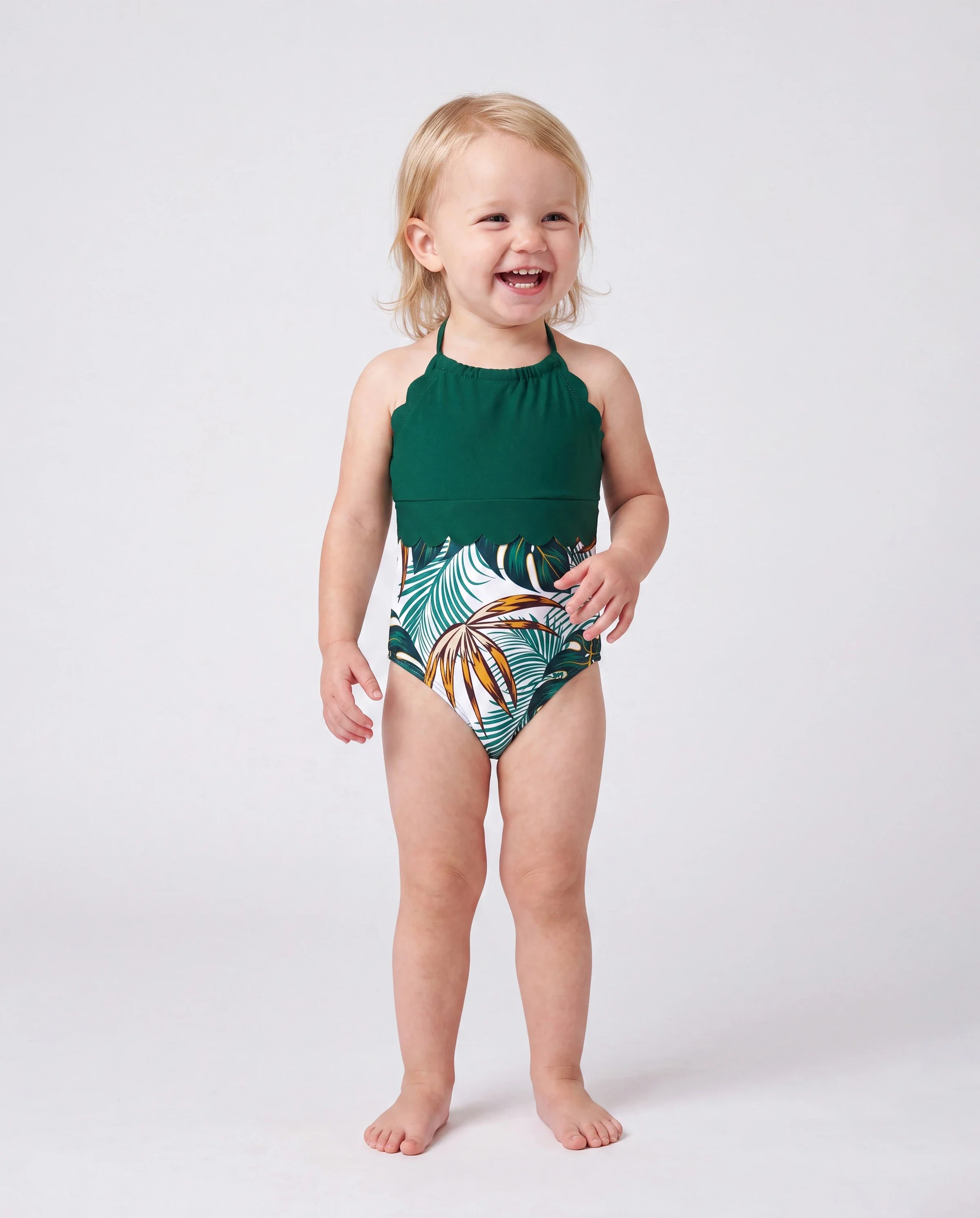 Family Matching Allover Plants Print Swim Trunks Shorts and V Neck Spaghetti Strap Splicing One-Piece Swimsuit Dark Green - Image 3
