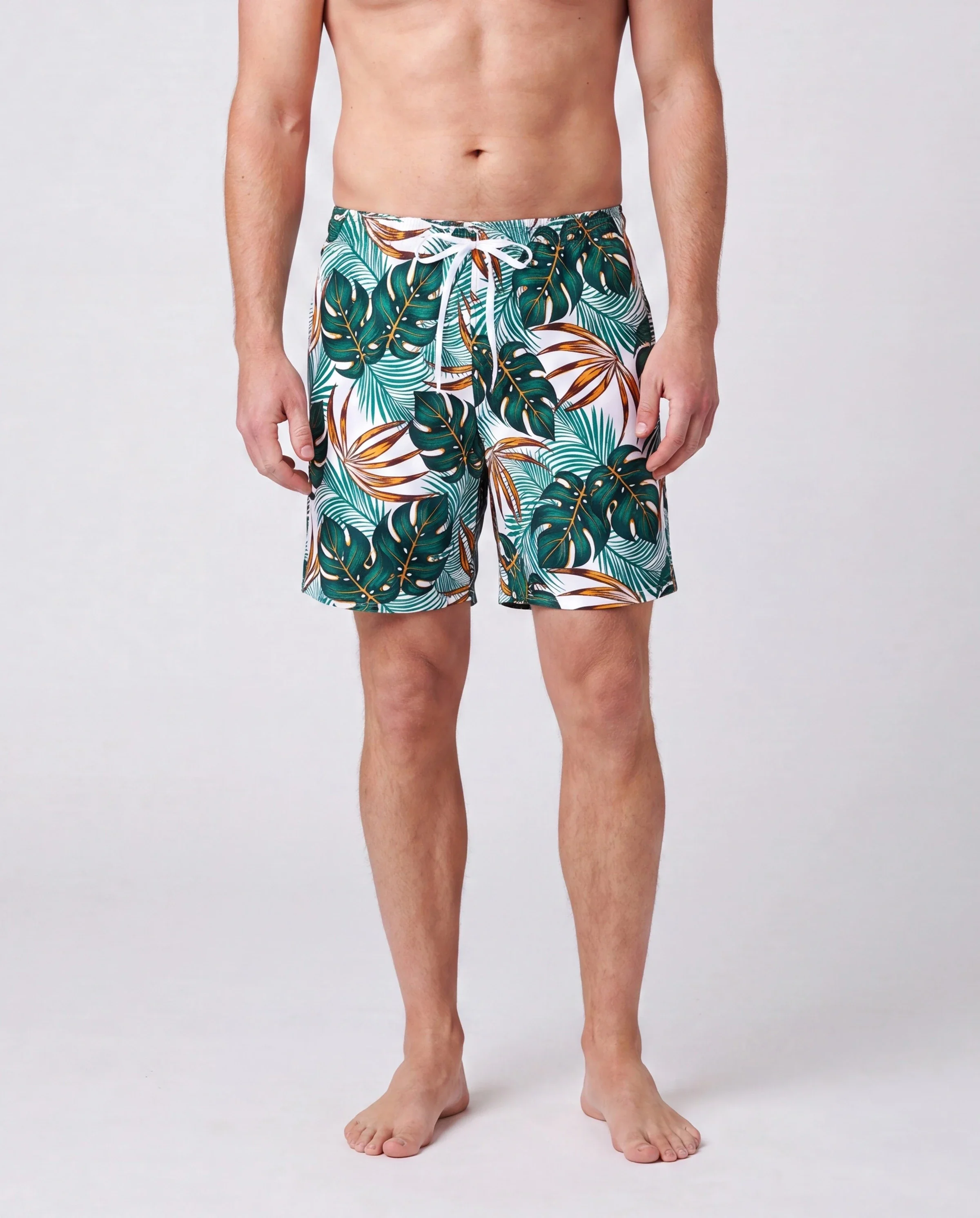 Family Matching Allover Plants Print Swim Trunks Shorts and V Neck Spaghetti Strap Splicing One-Piece Swimsuit Dark Green - Image 5