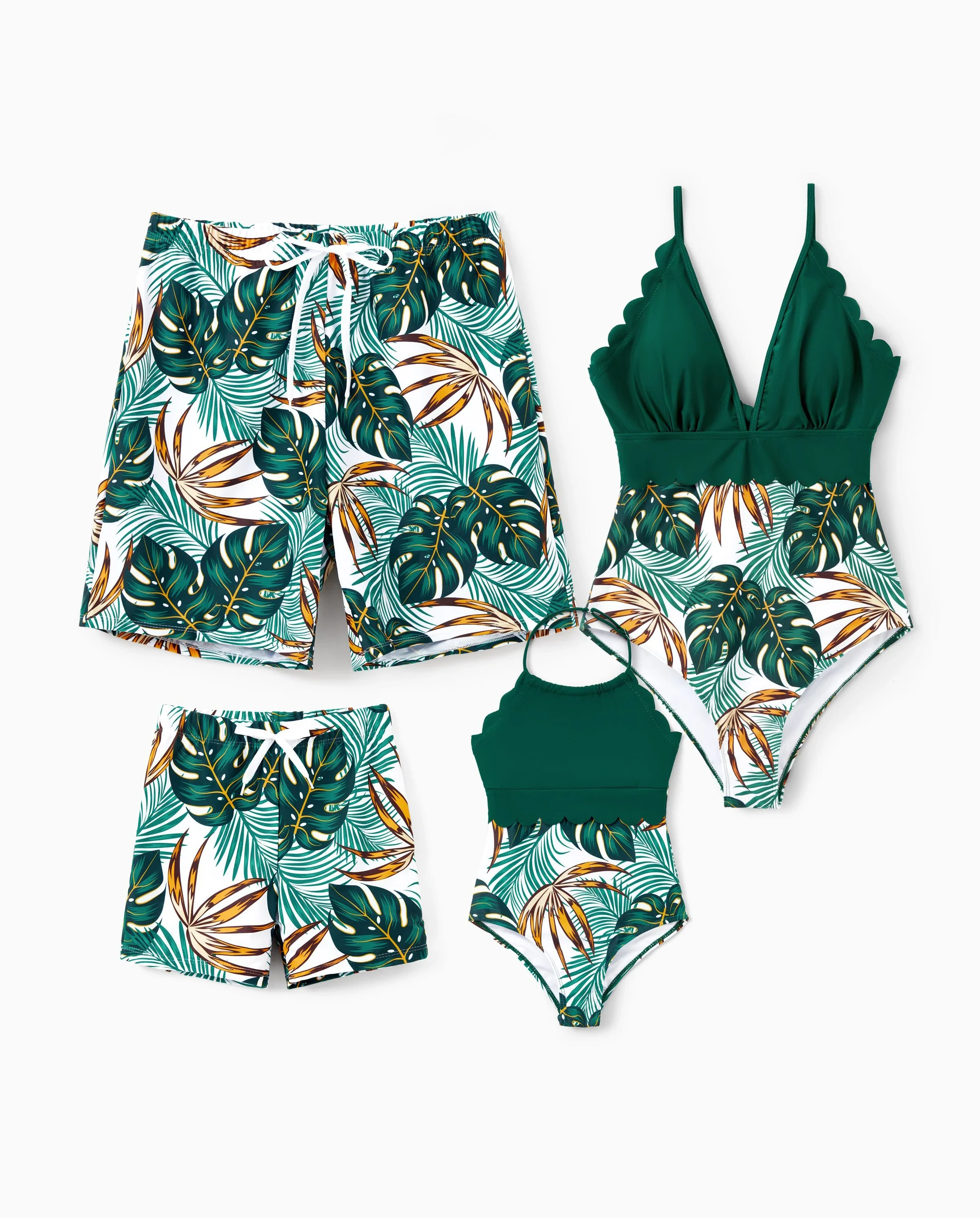 Family Matching Allover Plants Print Swim Trunks Shorts and V Neck Spaghetti Strap Splicing One-Piece Swimsuit Dark Green - Image 9