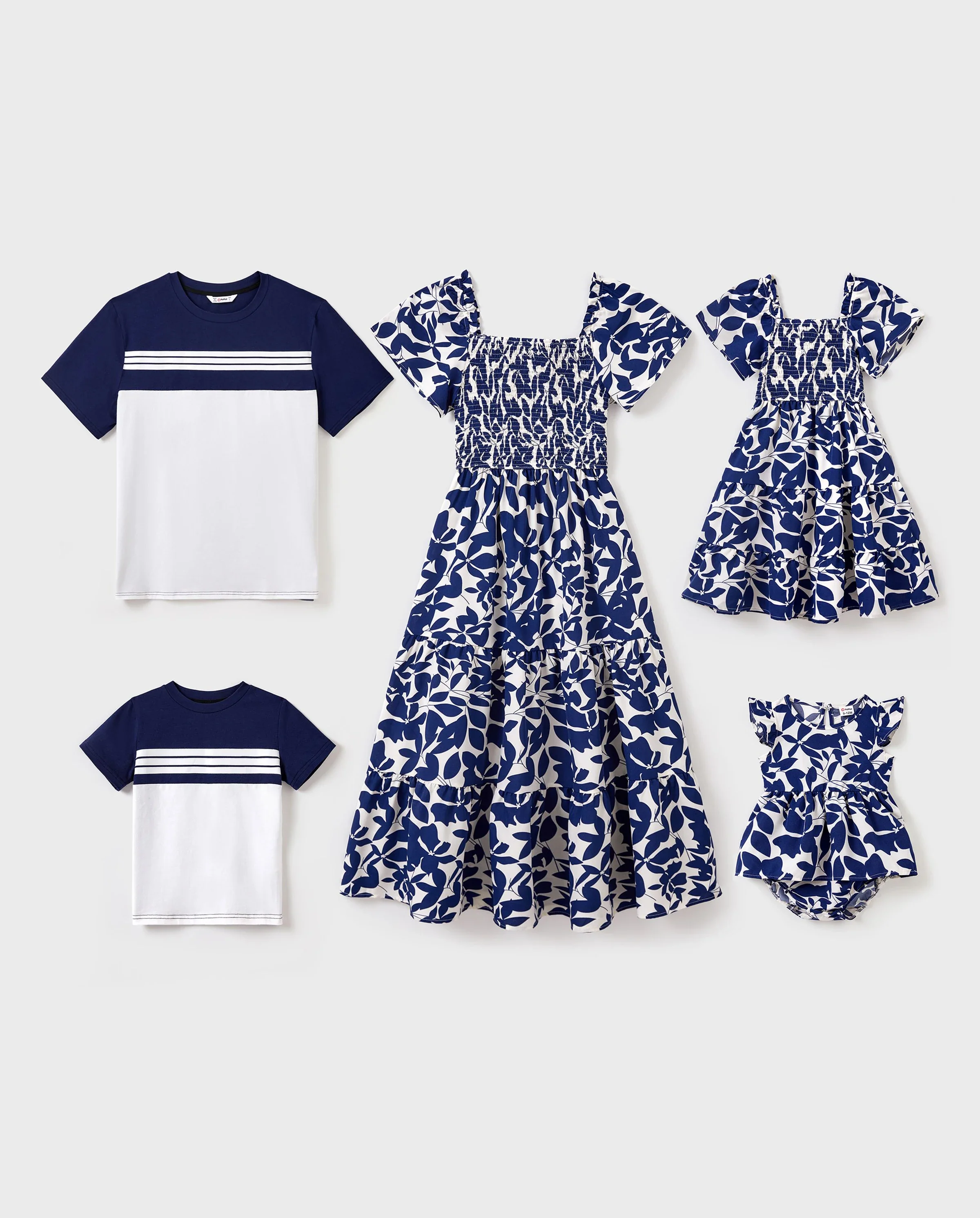 Family Matching Blue Colorblock Tee or Leaf Print Smocking Puff-sleeve Dress Set Blue - Image 10