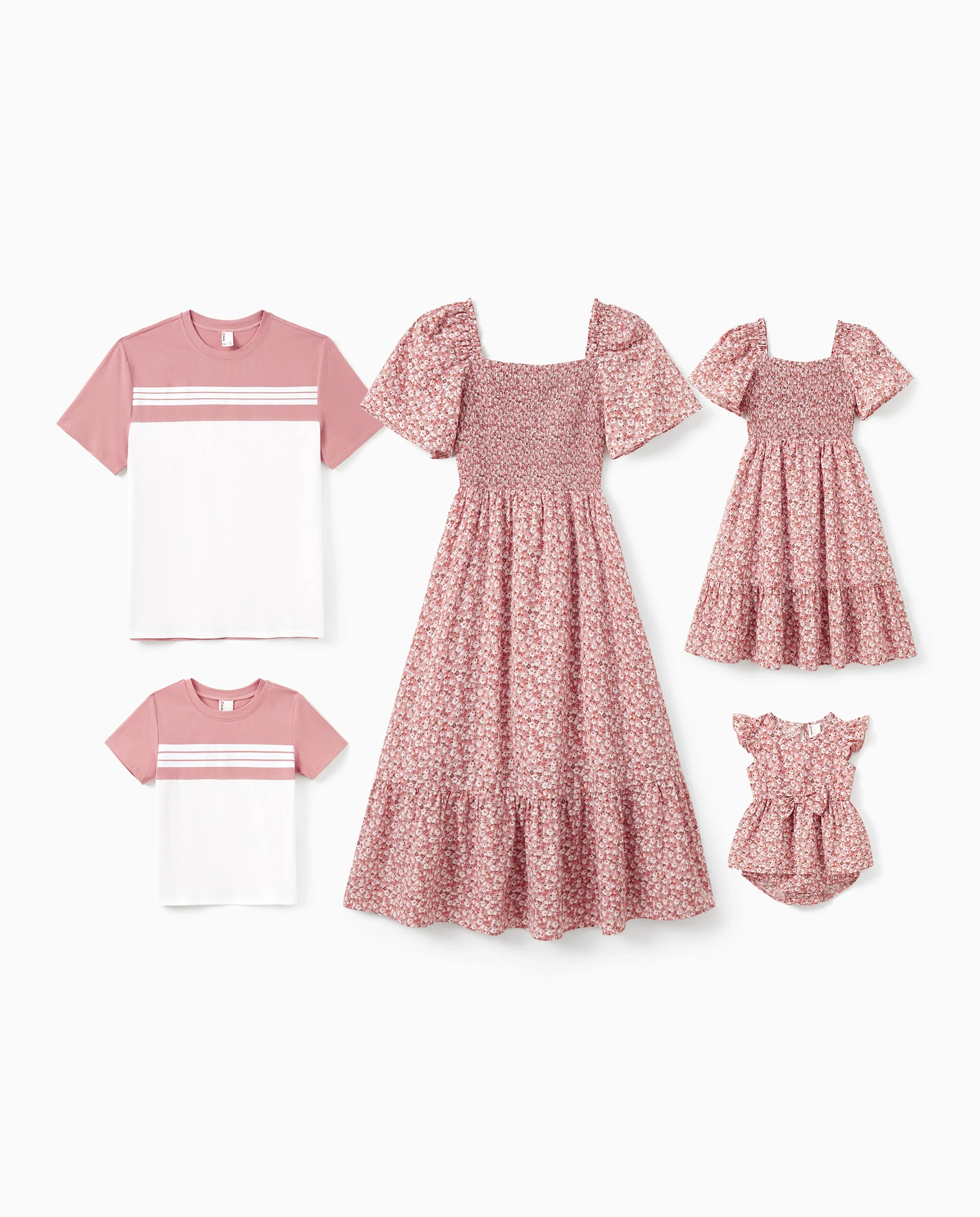 Family Matching Blue Cotton Colorblock Tee Shirt or Floral Print Smocking Puff-sleeve Dress Set Pink - Image 10