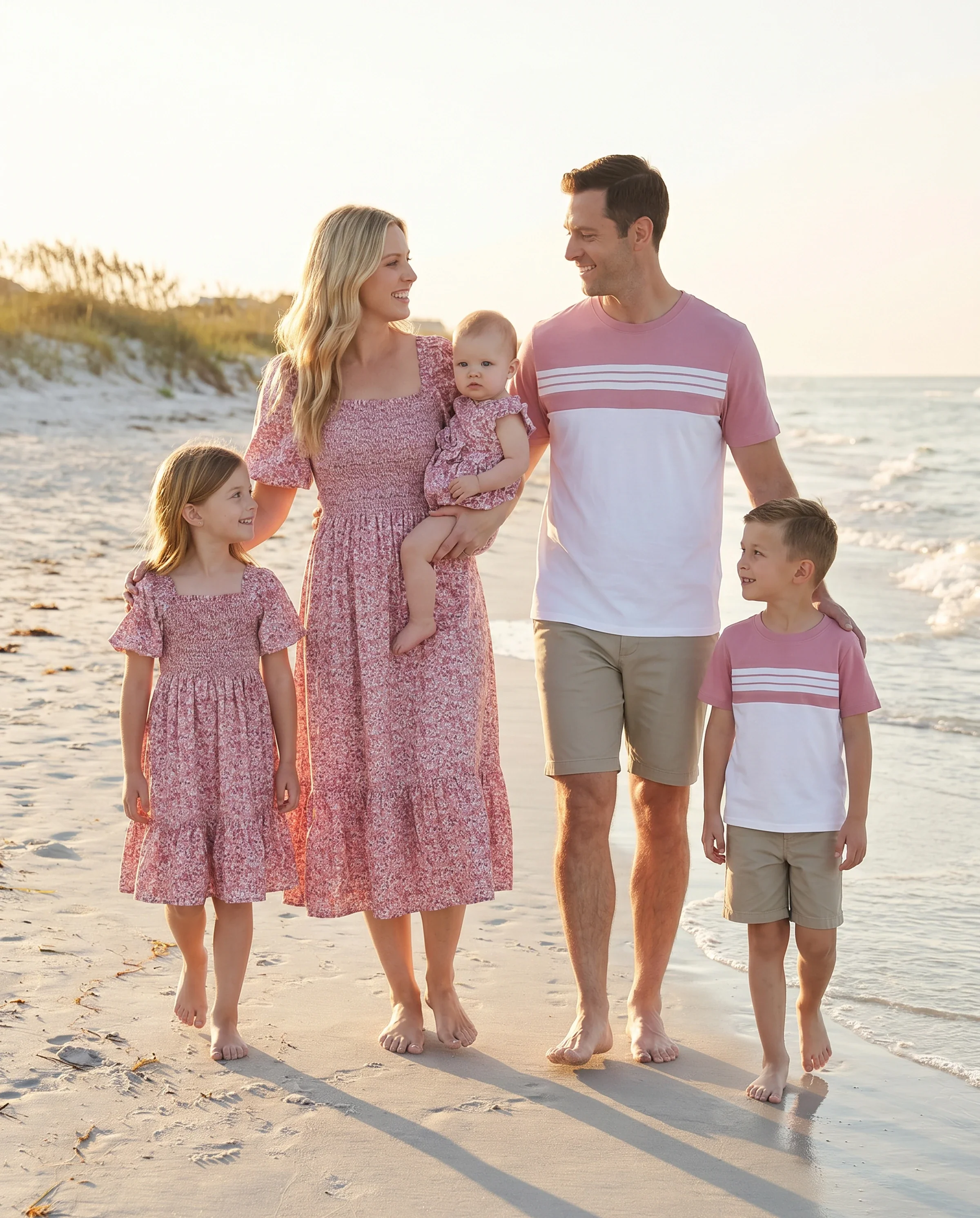 Family Matching Blue Cotton Colorblock Tee Shirt or Floral Print Smocking Puff-sleeve Dress Set Pink - Image 11