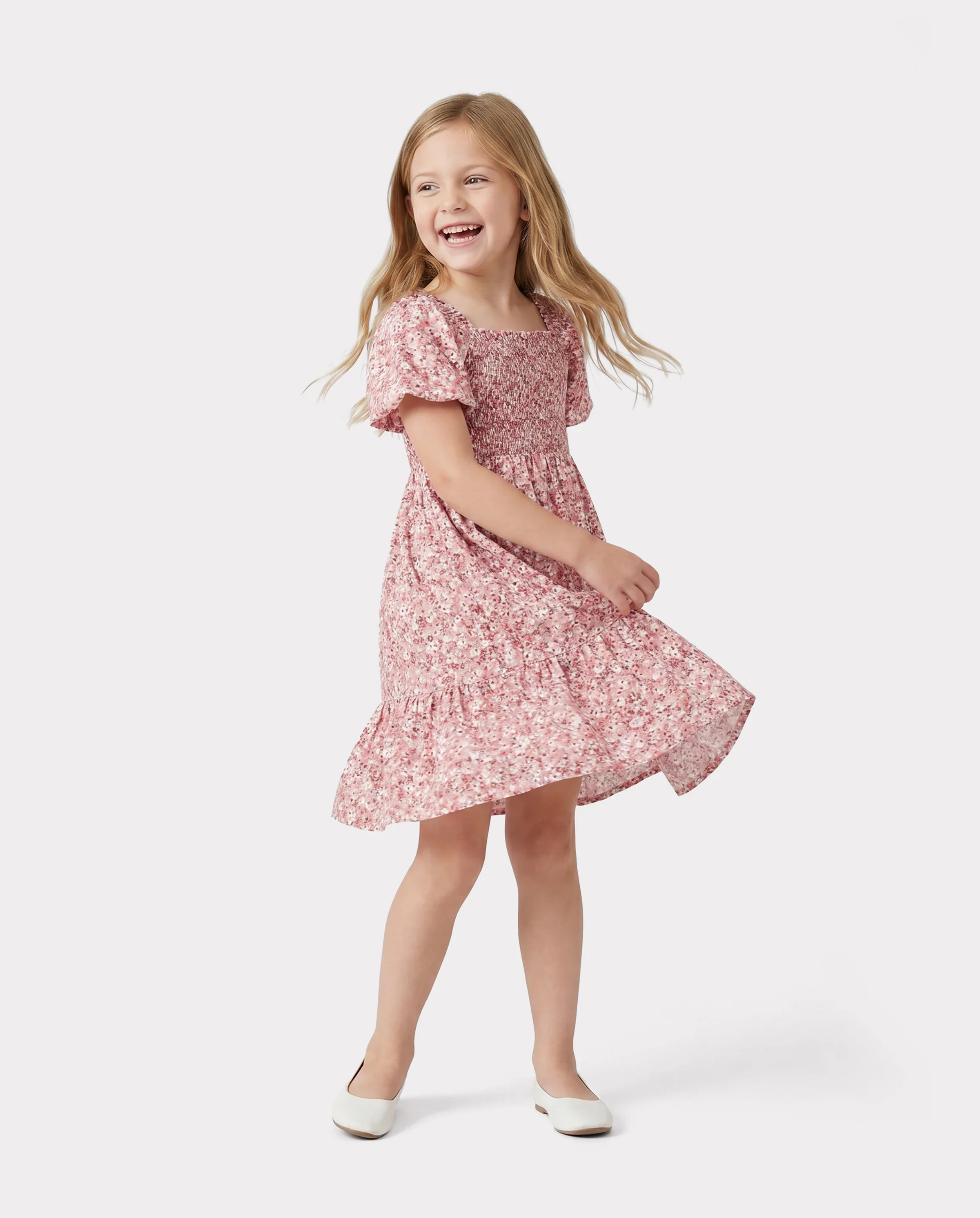 Family Matching Blue Cotton Colorblock Tee Shirt or Floral Print Smocking Puff-sleeve Dress Set Pink - Image 3