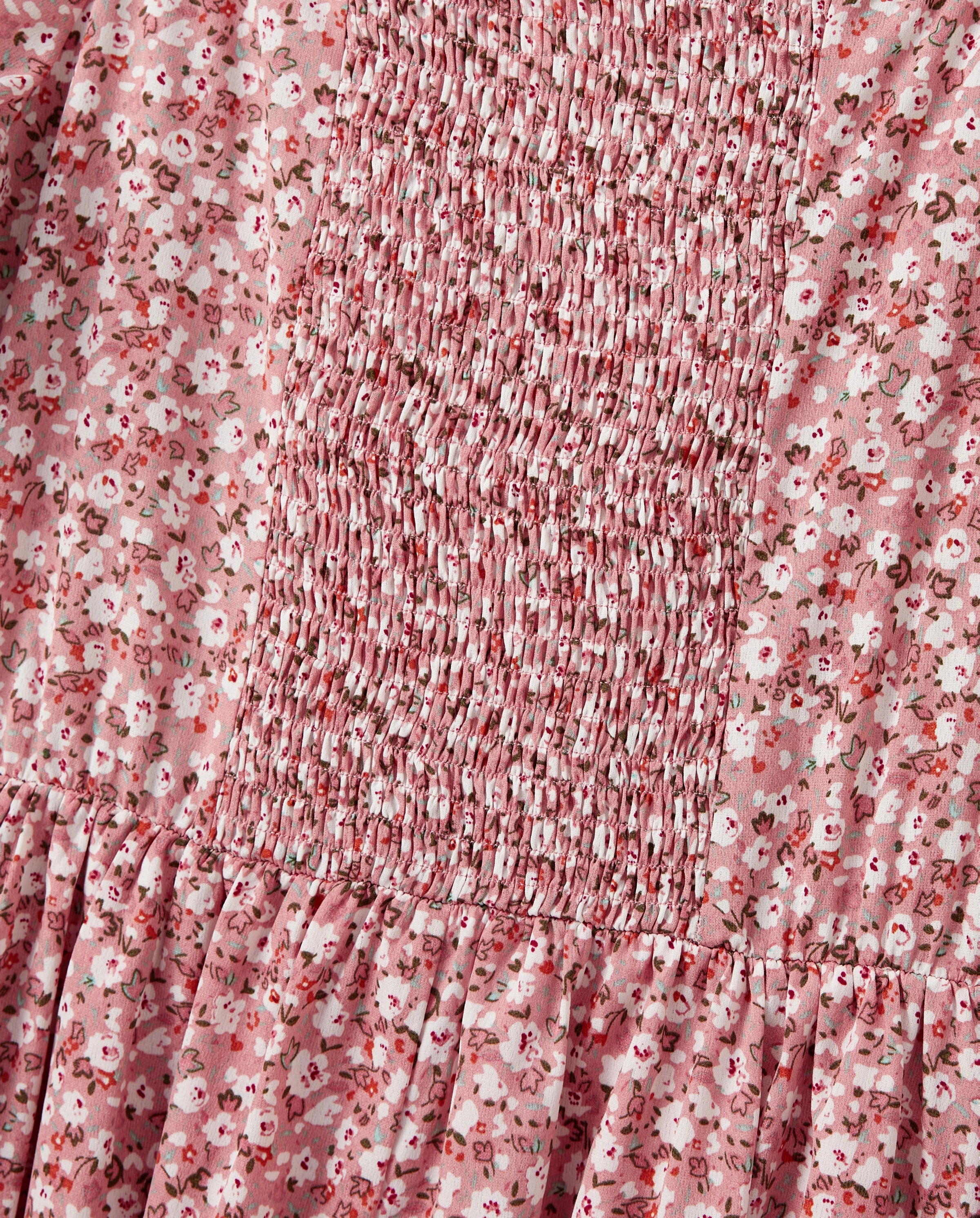 Family Matching Blue Cotton Colorblock Tee Shirt or Floral Print Smocking Puff-sleeve Dress Set Pink - Image 9