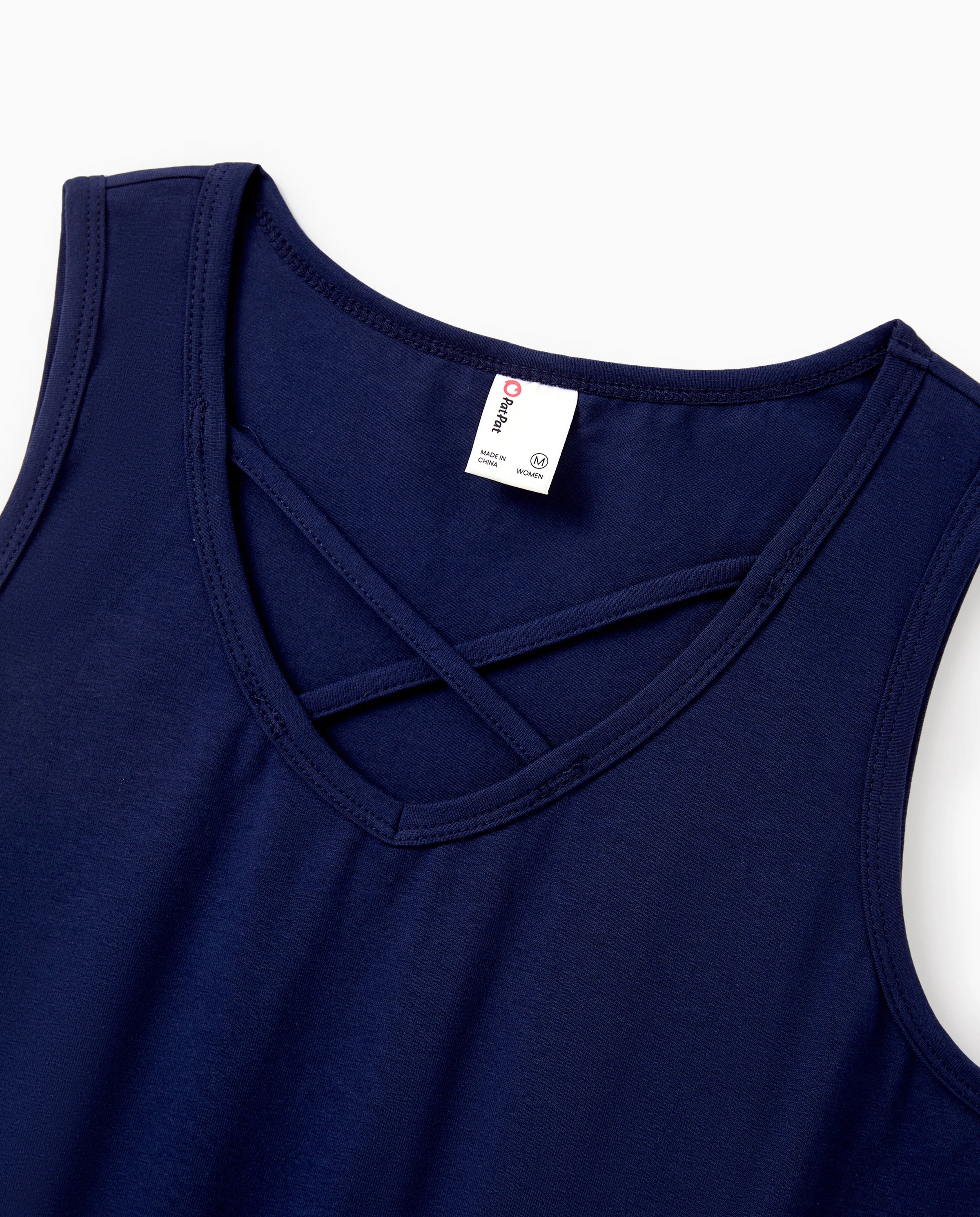 Family Matching Blue Cotton Tee and Flora Splicing Tank Top Dress Sets Deep Blue - Image 9