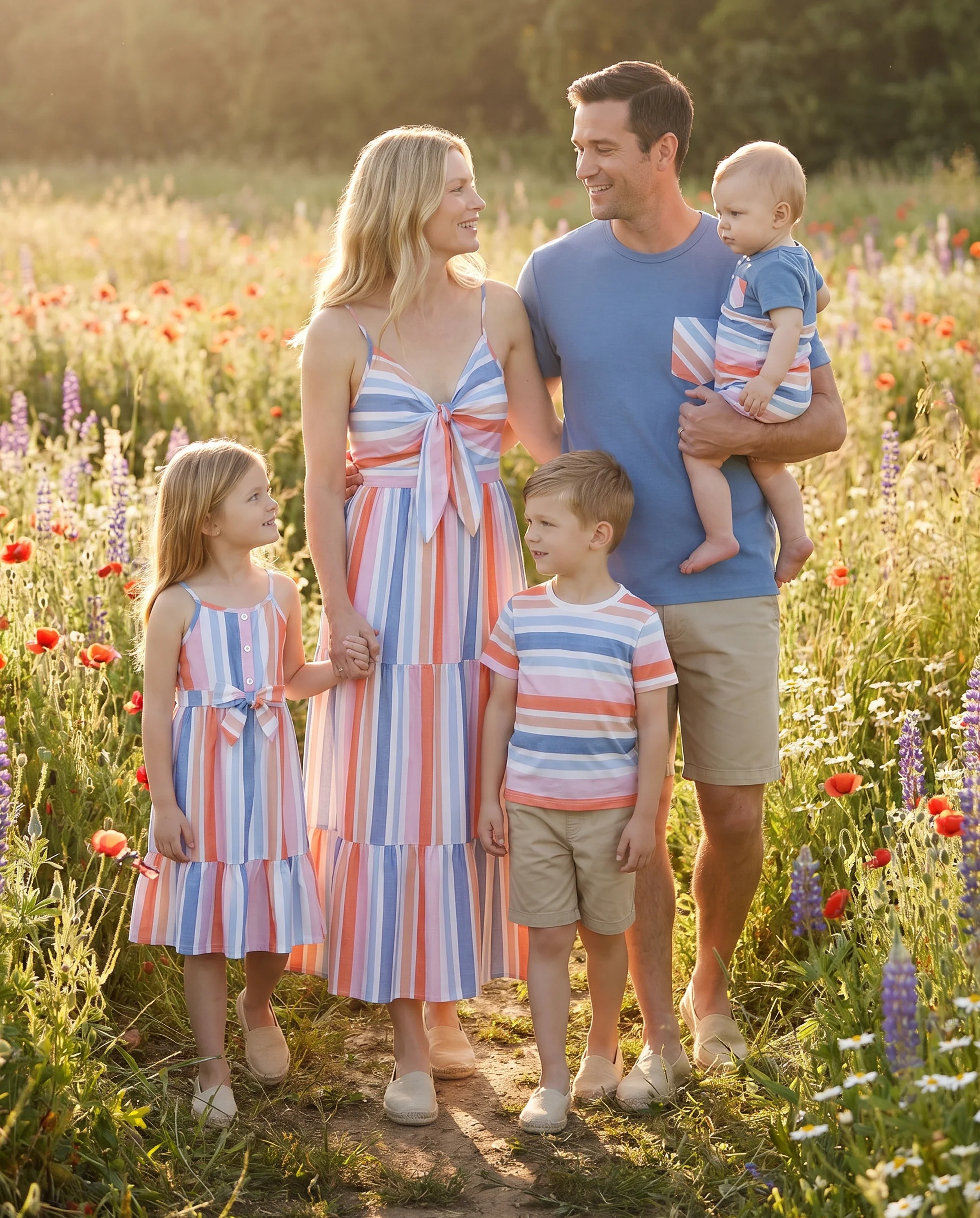 Family Matching Blue Short-sleeve Tee or Colorful Stripe Camisole Dress Multi-color - Image 11