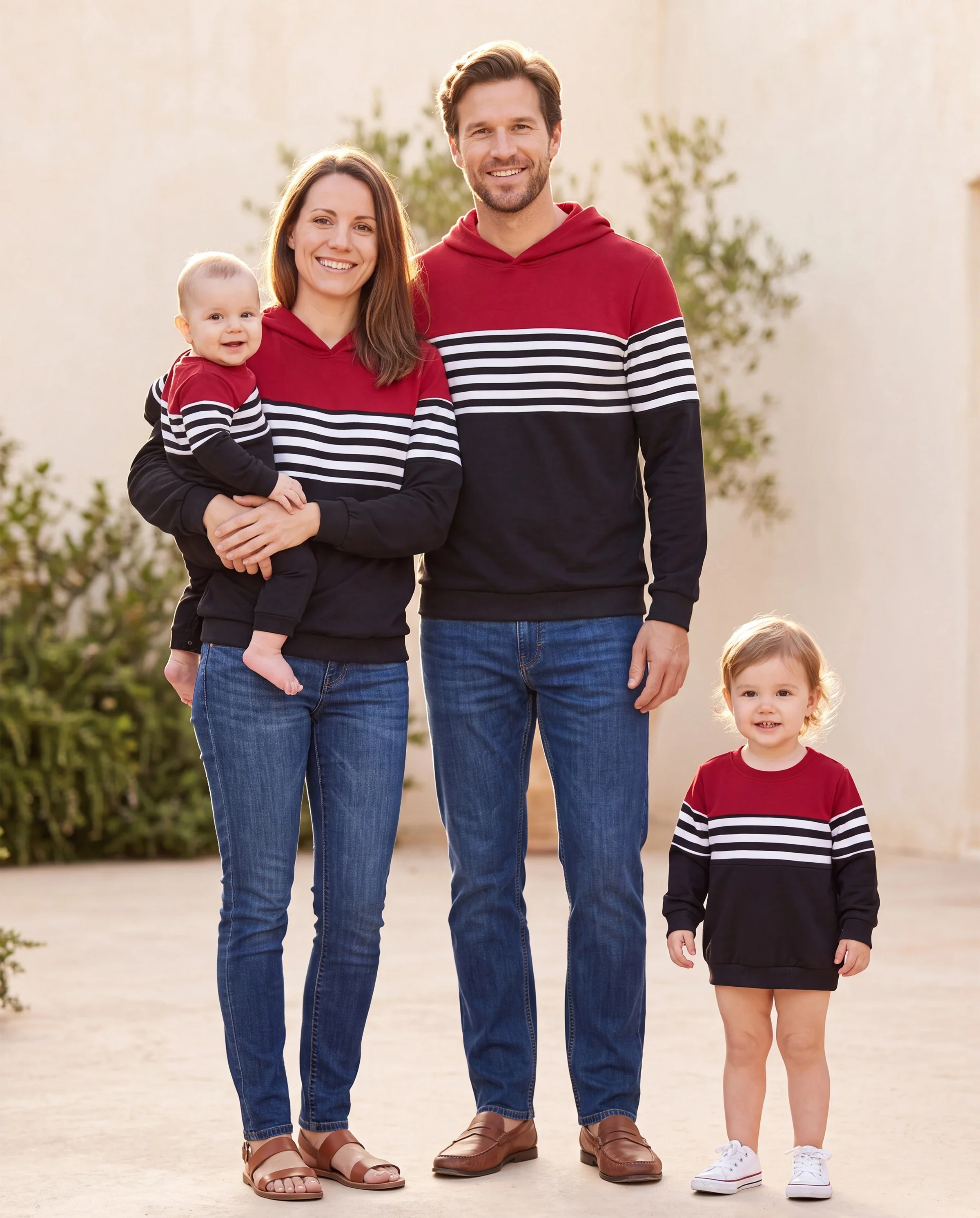 Family Matching Casual Color-block Stripes Print Long Sleeve Hooded Tops Color block - Image 10