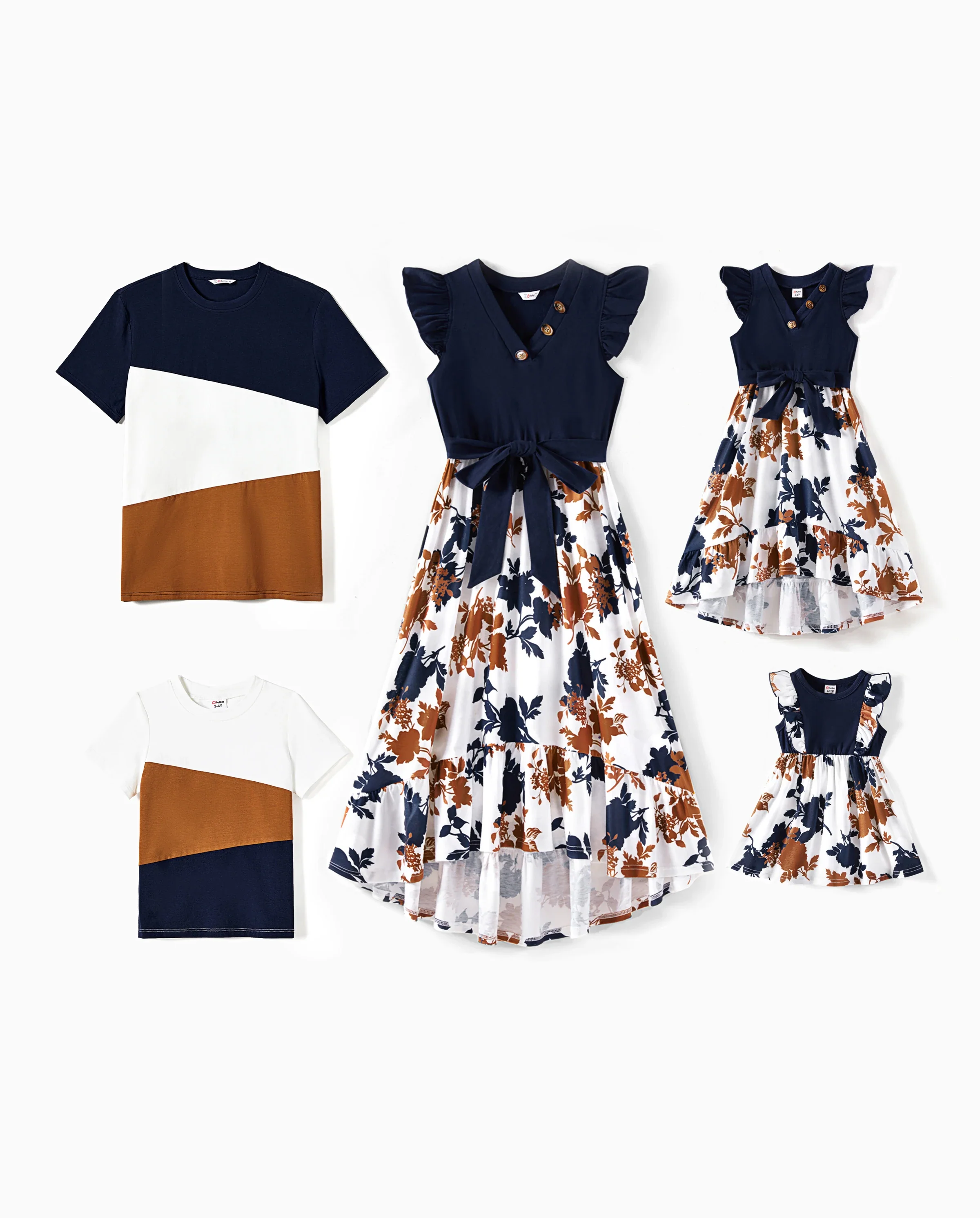 Family Matching Casual Dress or T-Shirt, Solid Color, Fabric Stitching royalblue - Image 10
